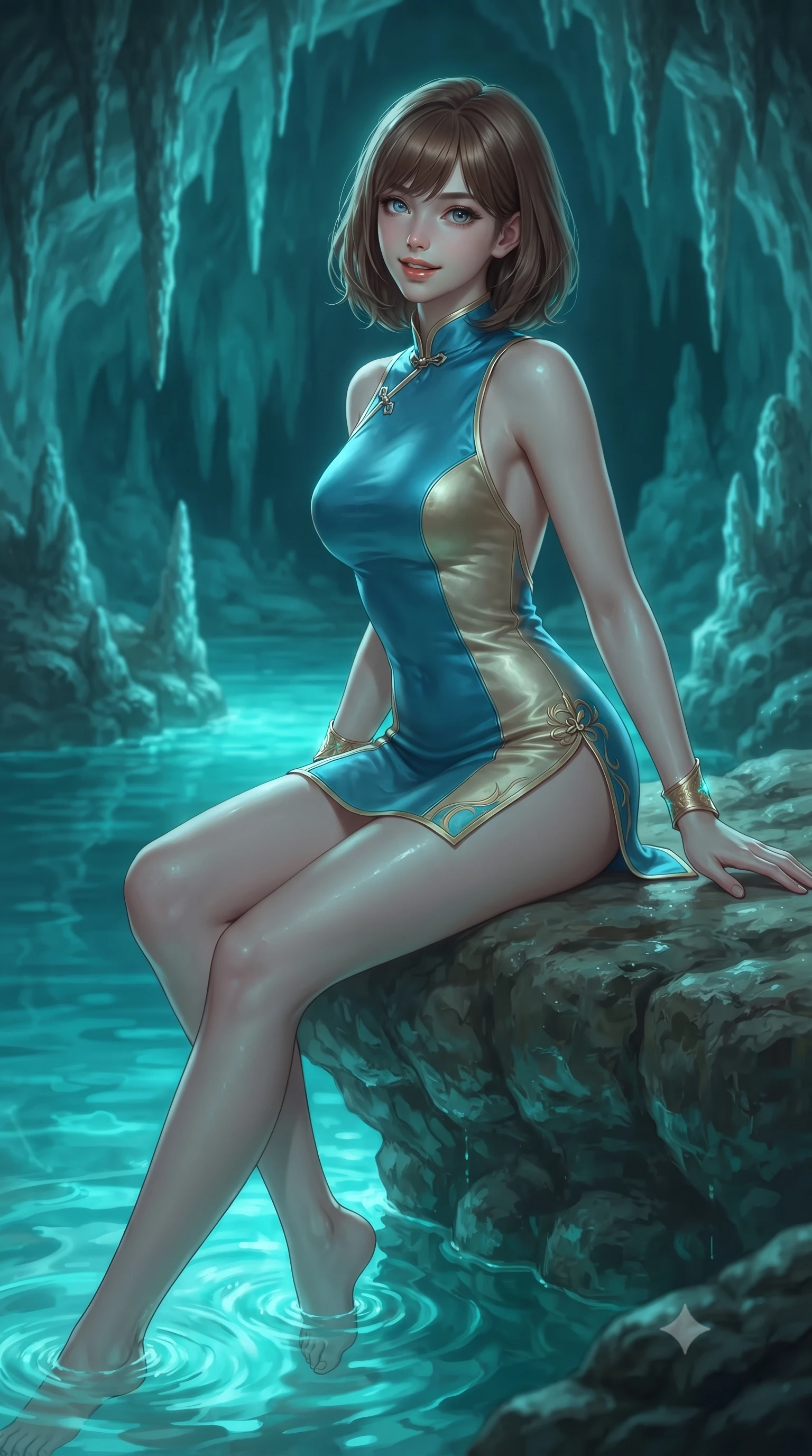 score_9, masterpiece, best quality, ultra-detailed, high-budget anime keyframe, editorial fashion photography, tasteful artistic composition, Caucasian woman. close-up cowboy shot from the waist and thighs up, the character dominates the composition, filling the frame with her large presence. turning slowly with an enchanting smoldering smile, her glossy hair tossing in the breeze as her hips angle gracefully in a captivating contrapposto while sitting gracefully on the natural stone shelf propped on one hand, her long slender legs trailing in the illuminated turquoise tide. The surrounding environment is rendered in vivid detail and crisp panoramic clarity: sharp natural limestone stalactite textures, crystal-clear water meniscus, and damp rock surface glisten in deep focus. She has an exceptionally elegant, slender, and willowy female figure with an ultra-slim waist, flat toned midriff, narrow ribcage, and sculpted feminine hips creating an alluring, slim hourglass silhouette without bulk. sharp v-shaped jawline, high-bridge nose, intricate jewel-like sparkling eyes with depth, thick eyelashes, glossy parted lips with a natural peach sheen, bright cheerful beaming smile with an enchanting and coquettish sensual glint, exuding both youthful cute charm and seductive allure, flawlessly proportioned anatomical accuracy, strict slender model proportions, natural body alignment, perfectly sculpted long slender limbs, ultra-slim waistline, clean dynamic posture without body distortion. wearing a modern cheongsam-inspired form-fitting sleeveless mini dress with mandarin collar and dramatic hip-high side slits in Monaco Mediterranean azure blue and champagne gold, woven from buttery-soft stretch lambskin leather adhering to her body like a second skin, accented with delicate golden wrist cuffs reflecting warm chandelier light, the precision-cut side openings and low-back scoop framing her graceful spine and the sensual sweep of her slim, toned hips. bathed in ethereal bioluminescent cyan-teal glow radiating from the sea water mixed with cool silver moonlight. ultra-reflective glossy finish, specular highlights, rich textural contrasts, high-contrast stereoscopic depth, volumetric dynamic lighting, 2k, ultra detail, master piece, 9:16 ratio