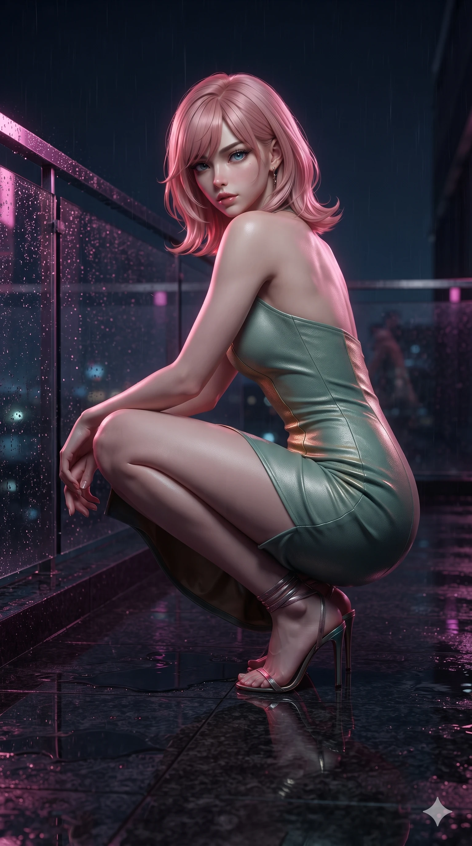 score_9, masterpiece, best quality, ultra-detailed, high-budget anime keyframe, editorial fashion photography, tasteful artistic composition, Japanese woman. low angle full-body shot from head to toe showing her feet, filling the entire 9:16 vertical frame with her statuesque presence, stretching her vertical silhouette. walking along the waterfront terrace with poise, looking back over her bare shoulder with an irresistible smoldering bedroom-gaze while crouching gracefully on the rain-slicked balcony deck, glancing back with smoldering bedroom-eyes as neon reflections wash over her dress. The surrounding environment is rendered in vivid detail and crisp panoramic clarity: sharp water puddle reflection ripples on black granite tiles, crisp raindrop speculars on glass, and neon tube glass details in deep focus. She has an exceptionally tall and slender model-like 8.5-heads proportion, an ultra-slim waist, a flat toned midriff, narrow delicate ribcage, and beautifully sculpted feminine hips creating a graceful, slim hourglass silhouette without any bulky heaviness, with impossibly long slender legs. sharp v-shaped jawline, high-bridge nose, intricate jewel-like sparkling eyes with depth, thick eyelashes, glossy parted lips with a natural sheen, intensely captivating and seductive bedroom-eyes expression, exuding both youthful cute charm and sovereign luxury allure, flawlessly proportioned anatomical accuracy, strict slender model proportions, natural body alignment, perfectly sculpted long slender limbs, ultra-slim waistline, clean dynamic posture without body distortion. wearing a glove-like stretch lambskin leather sheath dress accentuating her ultra-slim waistline without bulk in celadon jade and antique gold-leaf, crafted from bespoke double-faced cashmere with an exceptionally soft tactile finish, complemented by strappy stiletto sandals with metallic ankle wraps accentuating her slender calves, the impeccably tailored cut draping gracefully along her slender figure with aristocratic poise. illuminated by rain puddle bounce and sharp scarlet-violet rim lights sculpting her razor-sharp jawline, narrow waist, and curvy hips. ultra-reflective glossy finish, specular highlights, rich textural contrasts, high-contrast stereoscopic depth, volumetric dynamic lighting, 2k, ultra detail, master piece, 9:16 ratio