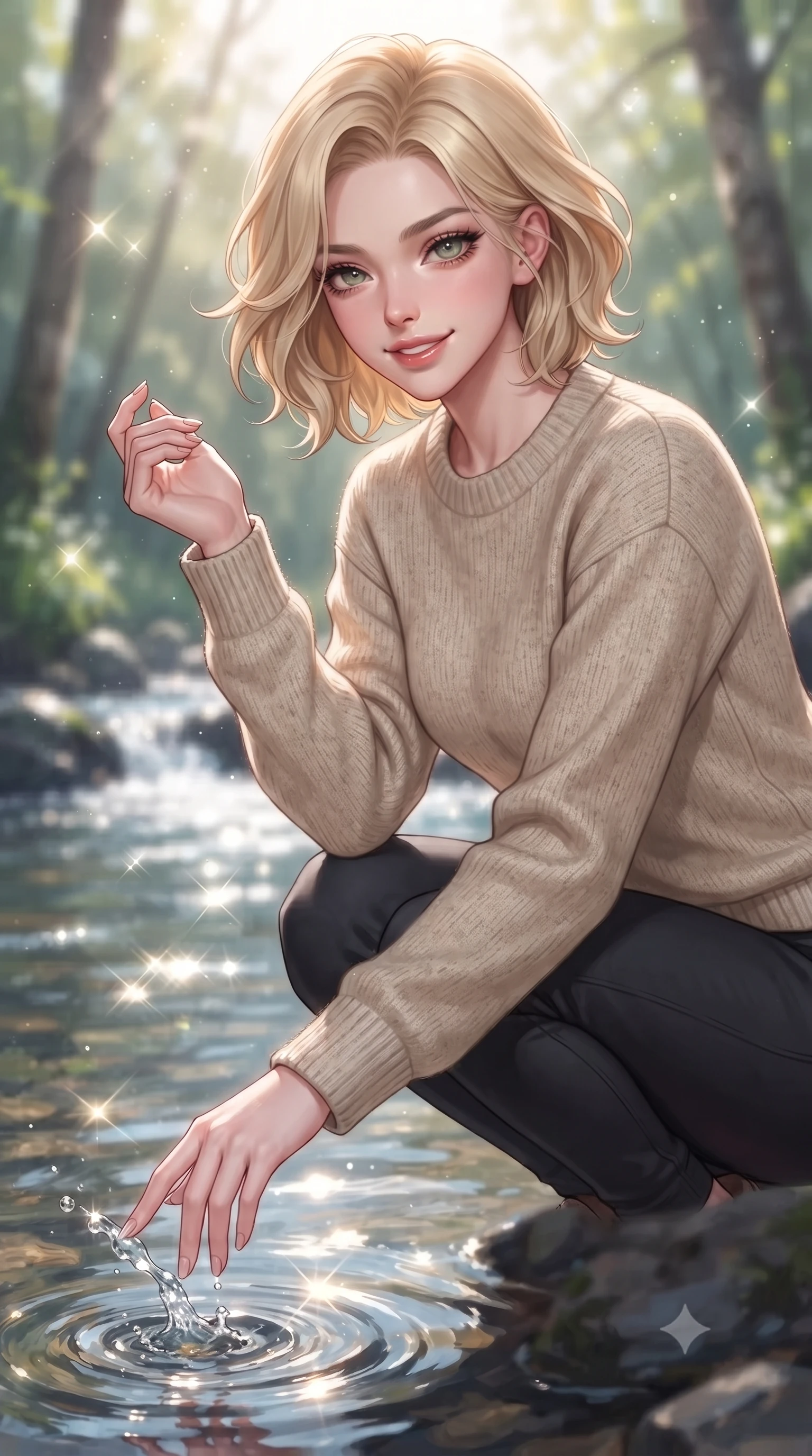 score_9, masterpiece, best quality, ultra-detailed, high-budget anime keyframe, editorial fashion photography, tasteful artistic composition, Caucasian woman. close-up cowboy shot from the waist and thighs up, the character dominates the composition, filling the frame with her large presence, background elements kept in soft focus. flashing a sweet yet sultry smile, holding her hand near her shoulder in a poised gesture set against a soft-focus background of next to a quiet forest pond fed by a cold mountain stream dipping her fingertips into the cool water with a playful, cute splash. She has an exceptionally elegant, slender, and willowy female figure with an ultra-slim waist, a gracefully sculpted slender torso, and a refined silhouette. sharp v-shaped jawline, high-bridge nose, intricate jewel-like eyes with depth, thick eyelashes, glossy lips with a natural sheen. wearing tailored cozy knit sweater in oatmeal, paired with activewear pants. bright morning sun rays creating sparkling glints on the moving stream. highly saturated vibrant anime colors, detailed shading with soft gradients, rich glossy textures, high-contrast stereoscopic depth, volumetric dynamic lighting, master piece, 9:16 ratio