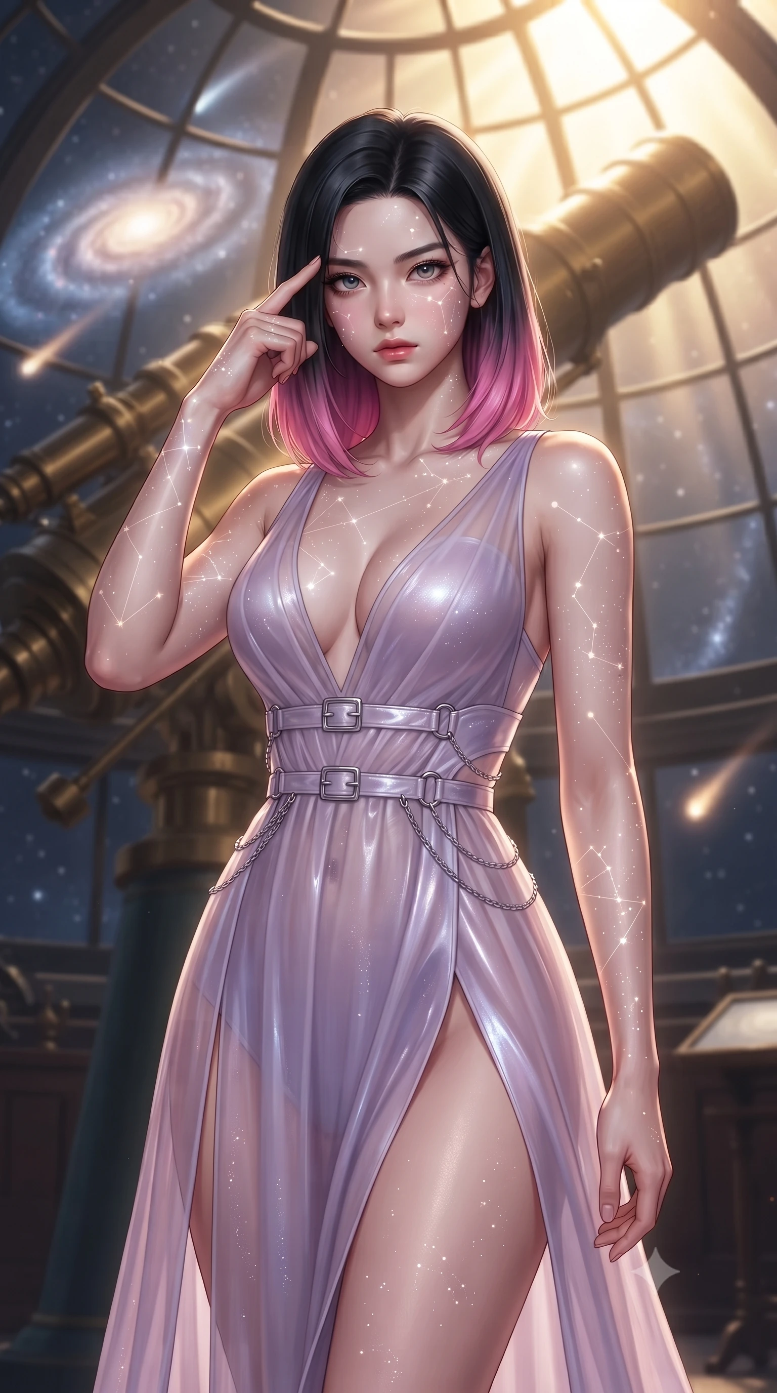 score_9, masterpiece, best quality, ultra-detailed, high-budget anime keyframe, editorial fashion photography, tasteful artistic composition, Korean woman. close-up cowboy shot from the waist and thighs up, the character dominates the composition, filling the frame with her large presence, background elements kept in soft focus. Pressing two fingers to her temple in a composed, sharp thoughtful gesture, standing before a massive brass telescope tracking glowing comet dust trails, spiral galaxy stars projecting intricate constellation points onto her skin. She has an exceptionally elegant, slender, and willowy female figure with an ultra-slim waist, a gracefully sculpted slender torso, and a refined silhouette. sharp v-shaped jawline, high-bridge nose, intricate jewel-like eyes with depth, thick eyelashes, glossy lips with a natural sheen. wearing low-cut structured bodice gown in liquid pearl with high leg slit in pastel lavender violet, made of sheer opal chiffon overlay, framed by polished silver buckles and delicate chain details, accentuating her gracefully sculpted slender torso. lit by bright golden key rays piercing through glass dome panes. ultra-reflective glossy finish, specular highlights, metallic sheen, high-contrast stereoscopic depth, volumetric dynamic lighting, 2k, ultra detail, master piece, 9:16 ratio