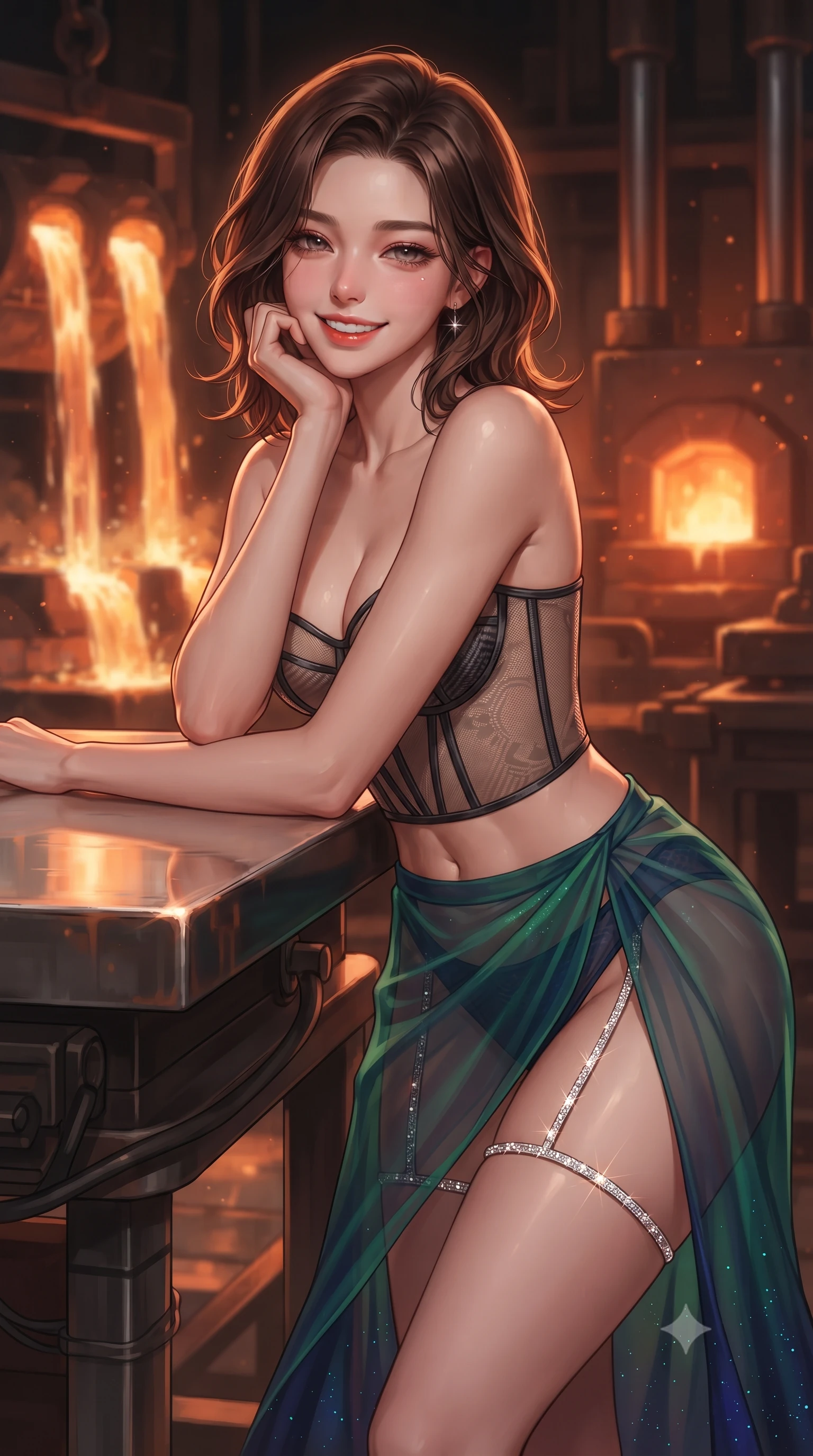 score_9, masterpiece, best quality, ultra-detailed, high-budget anime keyframe, editorial fashion photography, tasteful artistic composition, Korean woman. close-up cowboy shot from the waist and thighs up, the character dominates the composition, filling the frame with her large presence. resting one elbow on the table and supporting her chin, leaning close to the camera with heavy-lidded sparkling eyes and parted lips while twisting her slender torso in an alluring contrapposto stance beside the slag skimming crane, incandescent crimson magma light caressing her narrow waist and curvy hips. The background shows a soft-focus cascading waterfalls of molten liquid slag, glowing orange forge furnaces, and massive hydraulic piston exhausts blurred into amber, copper, and ruby bokeh. She has an exceptionally elegant, slender, and willowy female figure with an ultra-slim waist, flat toned midriff, narrow ribcage, and sculpted feminine hips creating an alluring, slim hourglass silhouette without bulk. sharp v-shaped jawline, high-bridge nose, intricate jewel-like sparkling eyes with depth, thick eyelashes, glossy parted lips with a natural peach sheen, bright cheerful beaming smile with an enchanting and coquettish sensual glint, exuding both youthful cute charm and seductive allure, flawlessly proportioned anatomical accuracy, strict slender model proportions, natural body alignment, perfectly sculpted long slender limbs, ultra-slim waistline, clean dynamic posture without body distortion. wearing a provocative translucent mesh corset bodice with boned satin channels paired with a sheer chiffon wrap maxi skirt in bioluminescent emerald and abyssal sapphire, woven from structured carbon-fiber jacquard with rich textural depth, finished with delicate crystal-encrusted thigh garter straps glinting in the dim light, the form-contouring silhouette accentuating her sculpted flat midriff, narrow delicate ribcage, and gracefully curvy hips with intoxicating allure. illuminated by molten slag reflection bounce and sharp copper-gold rim lights sculpting her razor-sharp jawline, narrow waist, and curvy hips. ultra-reflective glossy finish, specular highlights, rich textural contrasts, high-contrast stereoscopic depth, volumetric dynamic lighting, 2k, ultra detail, master piece, 9:16 ratio