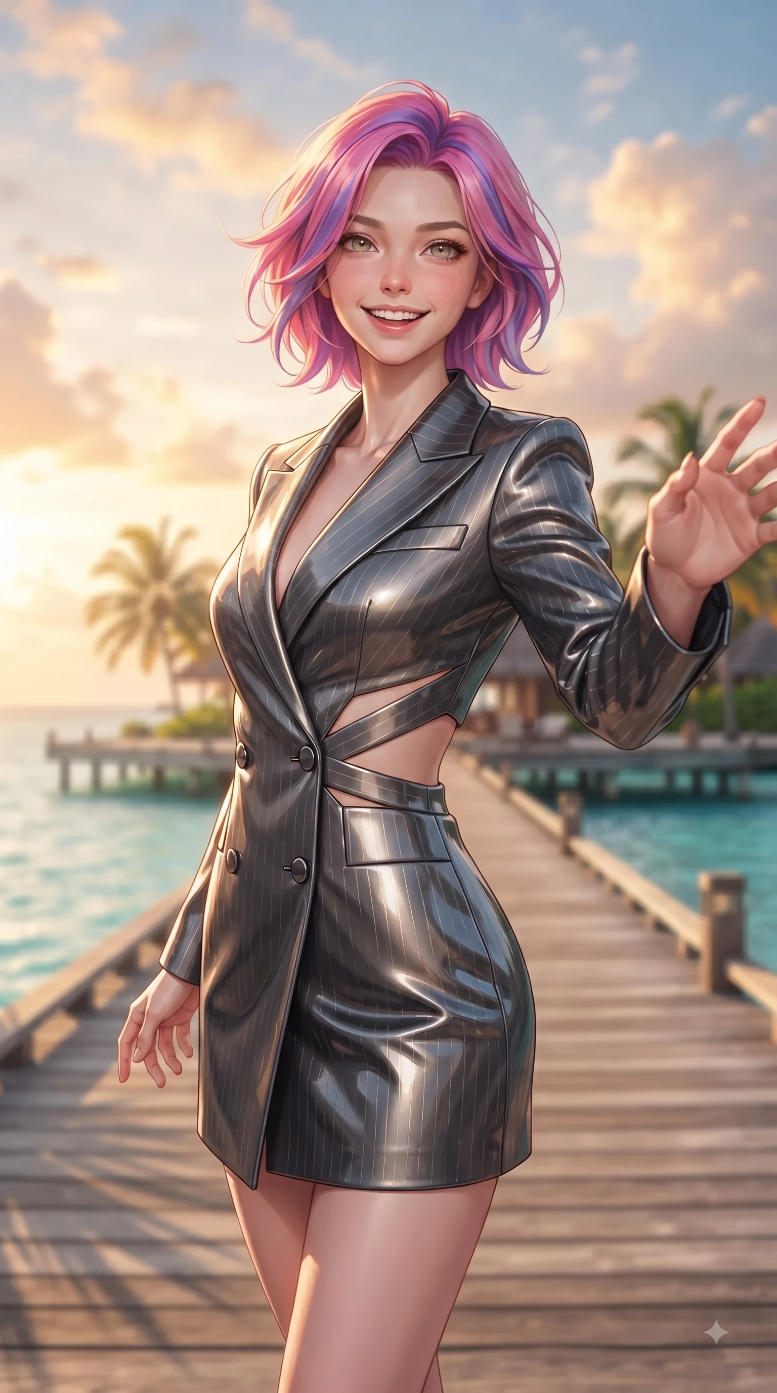 score_9, masterpiece, best quality, ultra-detailed, high-budget anime keyframe, editorial fashion photography, tasteful artistic composition, Caucasian woman. close-up cowboy shot from the waist and thighs up, the character dominates the composition, filling the frame with her large presence, background elements kept in soft focus. Gazing directly into the camera with a joyful, infectious smile as her torso curves dynamically in mid-stride while reaching one arm out cheerfully toward the camera while walking along a palm-shaded pier, warm tropical sea breeze fluttering lightweight linen garments in fluid joyful motions. She has an exceptionally elegant, slender, and willowy female figure with an ultra-slim waist, a gracefully sculpted slender torso, and a refined silhouette. sharp v-shaped jawline, high-bridge nose, intricate jewel-like eyes with depth, thick eyelashes, glossy lips with a natural sheen, flawlessly proportioned anatomical accuracy, natural body alignment, perfectly sculpted elegant limbs, clean dynamic posture without body distortion. wearing a double-breasted blazer dress with subtle metallic pin-stripes in charcoal grey and platinum, tailored from high-gloss patent leather, featuring subtle geometric cutouts that highlight her ultra-slim midriff, the elegant draped fit framing her graceful clavicle and slender torso. illuminated by a glorious golden hour sunburst painting the clouds in joyful peach and amber. ultra-reflective glossy finish, specular highlights, metallic sheen, high-contrast stereoscopic depth, volumetric dynamic lighting, 2k, ultra detail, master piece, 9:16 ratio