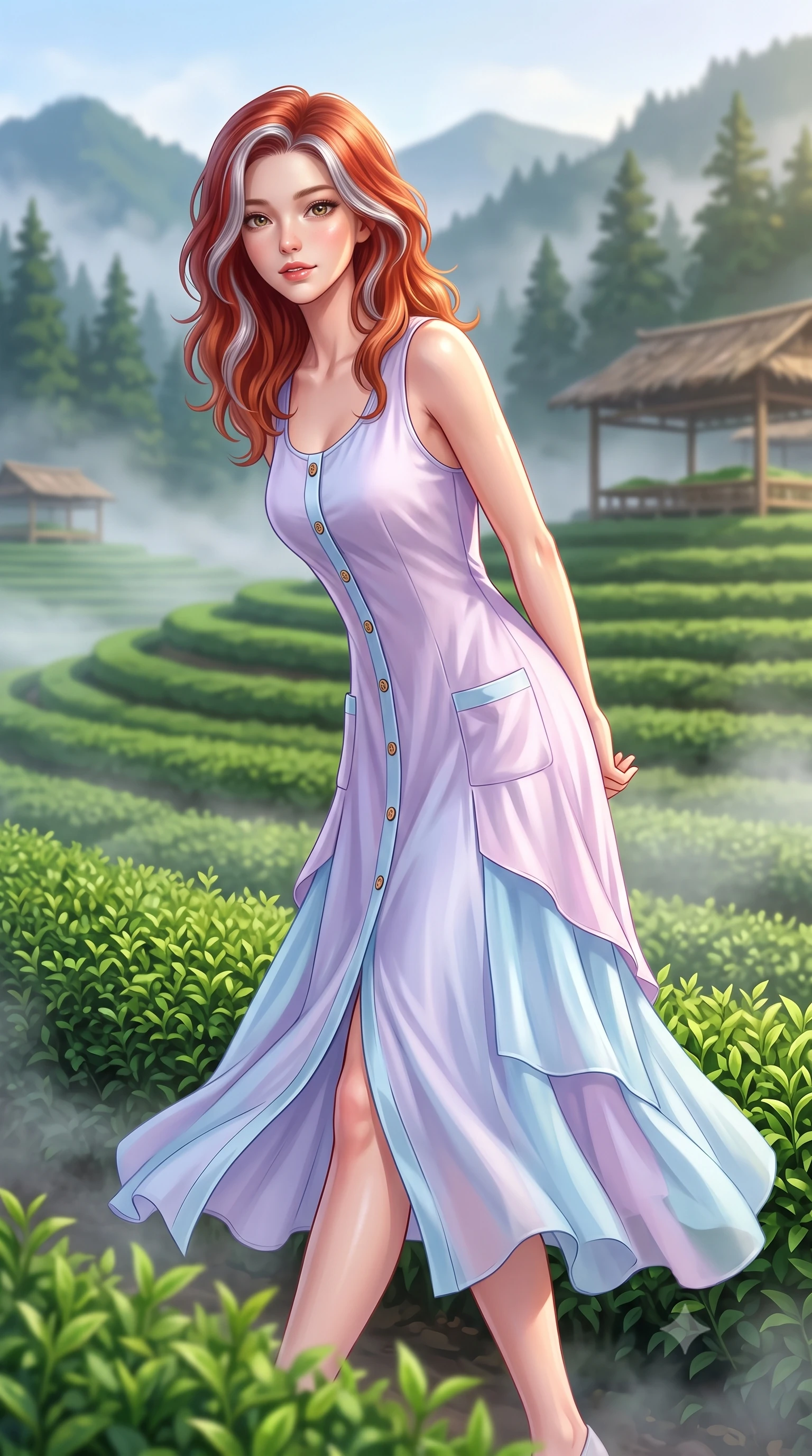 score_9, masterpiece, best quality, ultra-detailed, high-budget anime keyframe, semi-realistic 3D game render, editorial fashion photography, tasteful artistic composition, Caucasian woman. close-up cowboy shot from the waist and thighs up, the character dominates the composition, filling the frame with her large presence. clasping her hands behind her back and leaning forward playfully with a sweet, innocent girlhood expression while walking gracefully along terraced emerald green tea rows as gentle morning mist swirls around her steps. The composition keeps background elements in soft focus with creamy bokeh. distant pine-covered mountain peaks and rustic tea drying pavilions softened in atmospheric depth. She has an exceptionally elegant, slender, and willowy female figure with an ultra-slim waist, a gracefully sculpted slender torso, toned flat midriff, and a refined slim silhouette. sharp v-shaped jawline, high-bridge nose, intricate jewel-like eyes with depth, thick eyelashes, glossy lips with a natural sheen, pure and lovely fresh girlhood expression, flawlessly proportioned anatomical accuracy, strict slender model proportions, natural body alignment, perfectly sculpted long slender limbs, ultra-slim waistline, clean dynamic posture without body distortion. wearing a flowy silk-chiffon maxi dress with a gentle side slit and fluttering hemline in soft pastel lavender and delicate sky blue, crafted from smooth fluid silk satin with a natural gentle sheen, finished with neat natural wooden buttons and patch pocket details, the tailored casual silhouette highlighting her fresh and youthful presence and perfectly proportioned slender frame. illuminated by gentle morning sunbeams casting a warm, dewy glow on her skin and attire. highly saturated vibrant anime colors, detailed shading with soft gradients, rich glossy textures, high-contrast stereoscopic depth, volumetric dynamic lighting, master piece, 9:16 ratio