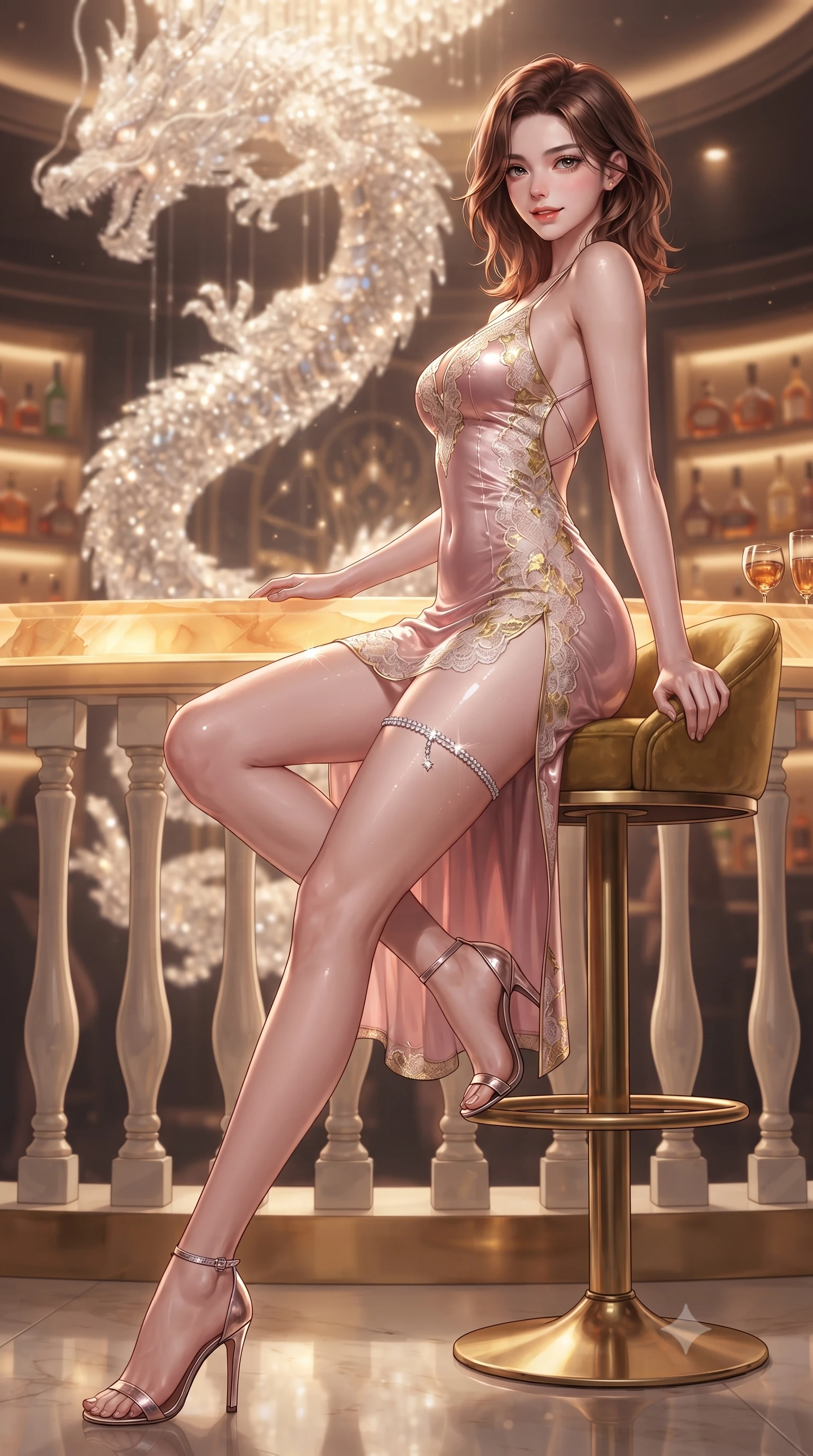 score_9, masterpiece, best quality, ultra-detailed, high-budget anime keyframe, editorial fashion photography, tasteful artistic composition, Korean woman. low angle full-body shot from head to toe showing her feet, filling the entire 9:16 vertical frame with her statuesque presence, stretching her vertical silhouette. leaning deep against the balcony balustrade with hips cocked back in an unapologetically alluring high-fashion stance, casting an intoxicating glance while perched gracefully on the golden swivel barstool with one leg extended, her flat midriff and long slender limbs commanding the VIP bar. The background shows a soft-focus the colossal glittering crystal dragon suspended from the ceiling and shelves of rare vintage liquors blurred into amber, topaz, and champagne bokeh. She has an absolutely perfect, statuesque 8.5-heads proportion, an exceptionally tall and slender model-like female figure with impossibly long slender legs, an ultra-slim waist, a flat toned midriff, narrow delicate ribcage, and beautifully sculpted feminine hips creating a graceful, slim hourglass silhouette without any bulky heaviness. sharp v-shaped jawline, high-bridge nose, sparkling eyes with hypnotic seductive depth, thick curled eyelashes, glossy parted lips with a natural dewy peach sheen, alluring bedroom-eyes with an enchanting coquettish smile, exuding magnetic siren charisma and sophisticated glamour, flawlessly proportioned anatomical accuracy, strict slender model proportions, natural body alignment, perfectly sculpted long slender limbs, ultra-slim waistline, clean dynamic posture without body distortion. wearing a form-contouring metallic lamé slip dress clinging like a second skin with hip-high side slits and open criss-cross back in delicate blush peony pink and antique white lace with gold leaf, crafted from wet-look high-gloss vinyl fabric with dazzling specular surface reflections, finished with delicate crystal-encrusted thigh garter straps glinting under the lights, the second-skin tailored fabric adhering flawlessly to her sculpted flat midriff and slender torso, emphasizing her long leg lines and perfectly proportioned willowy build. bathed in warm ambient light radiating upward through the translucent honey-onyx bar top. ultra-reflective glossy finish, specular highlights, rich textural contrasts, high-contrast stereoscopic depth, volumetric dynamic lighting, 2k, ultra detail, master piece, 9:16 ratio