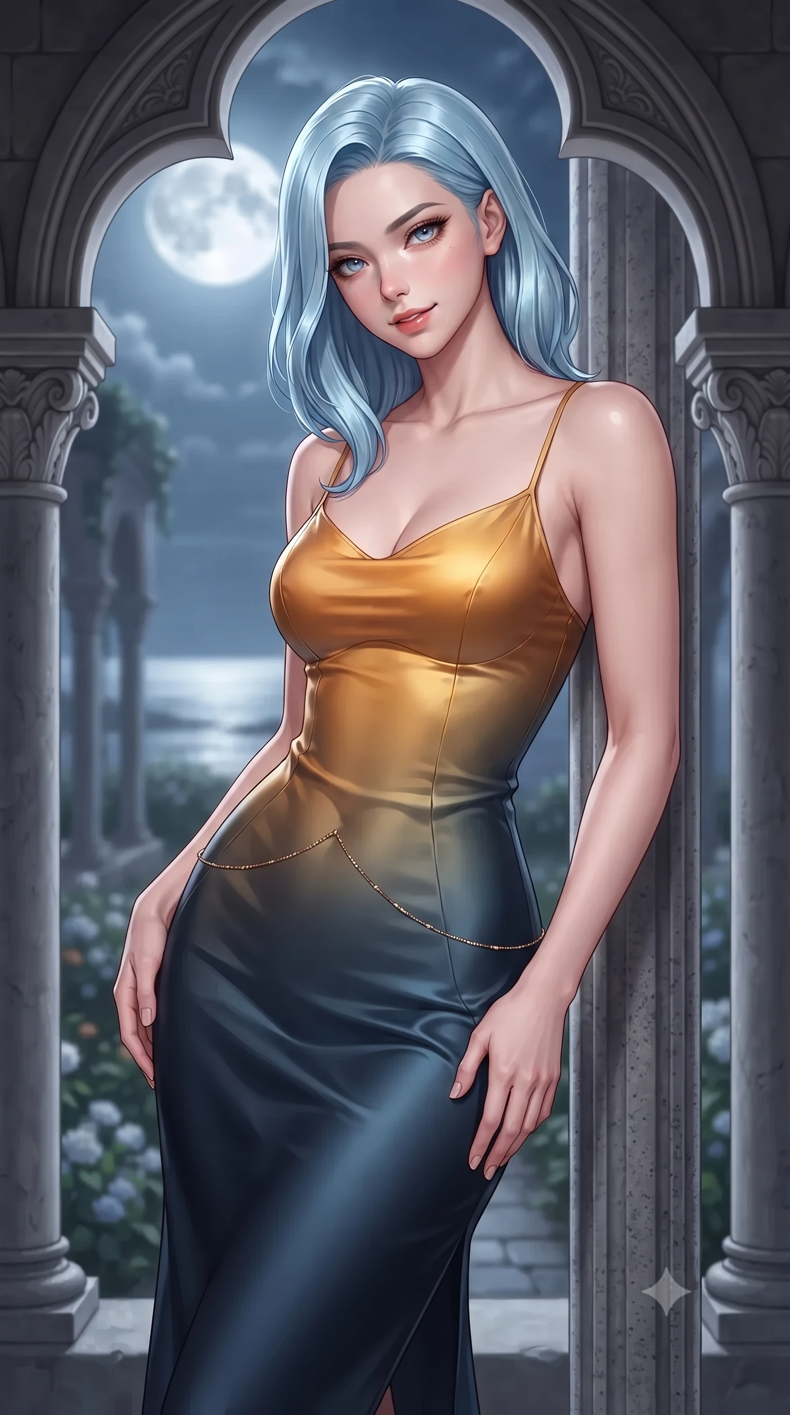 score_9, masterpiece, best quality, ultra-detailed, high-budget anime keyframe, editorial fashion photography, tasteful artistic composition, Korean woman. close-up cowboy shot from the waist and thighs up, the character dominates the composition, filling the frame with her large presence. tilting her head with a teasing half-smile, running one hand slowly down the side of her hip in a flirtatious S-curve as ambient light caresses her silhouette while leaning against the slender double-fluted granite column with hips cocked back, looking through open carved trefoil arches with smoldering bedroom-eyes. The background shows a soft-focus endless rhythm of slender granite columns in staggered double rows, medieval medicinal herb garden, and vast moonlit tidal bay blurred into silver, slate, and sapphire bokeh. She has an exceptionally elegant, slender, and willowy female figure with an ultra-slim waist, flat toned midriff, narrow ribcage, and sculpted feminine hips creating an alluring, slim hourglass silhouette without bulk. sharp v-shaped jawline, high-bridge nose, intricate jewel-like sparkling eyes with depth, thick eyelashes, glossy parted lips with a natural peach sheen, bright cheerful beaming smile with an enchanting and coquettish sensual glint, exuding both youthful cute charm and seductive allure, flawlessly proportioned anatomical accuracy, strict slender model proportions, natural body alignment, perfectly sculpted long slender limbs, ultra-slim waistline, clean dynamic posture without body distortion. wearing a sculpted liquid satin bias-cut slip dress tailored with contouring seams that adhere flawlessly over her feminine hips in Lofoten midnight sun golden amber and Arctic deep navy, crafted from fluid liquid silk satin that clings smoothly to her narrow waist and rounded hips with a dewy sheen, accented with a dainty gold belly chain resting across her flat midriff and curving hips, the liquid-tight tailored fabric clinging flawlessly to her narrow waist and rounded feminine hips, emphasizing every millimeter of her sculpted slim hourglass curves without any bulky heaviness. bathed in the mystical silver 5200K illumination of the full moon reflected across tidal sands mixed with soft amber cloister lanterns. ultra-reflective glossy finish, specular highlights, rich textural contrasts, high-contrast stereoscopic depth, volumetric dynamic lighting, 2k, ultra detail, master piece, 9:16 ratio