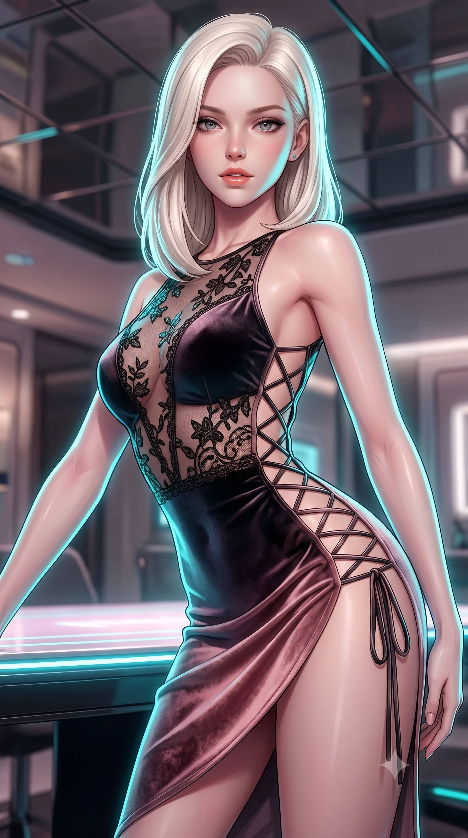 score_9, masterpiece, best quality, ultra-detailed, high-budget anime keyframe, semi-realistic 3D game render, editorial fashion photography, tasteful artistic composition, Caucasian woman. close-up cowboy shot from the waist and thighs up, the character dominates the composition, filling the frame with her large presence. leaning forward while arching her lower back to accentuate her curvy hips, looking into the camera with an intoxicating smoldering gaze and bedroom-eyes while twisting her slender torso in an alluring S-curve, pulsing cybernetic table lights tracing her flat midriff, narrow waist, and curvy hips. The background shows a soft-focus mirrored ceiling panels softened in futuristic cyberpunk shallow focus. She has an exceptionally elegant, slender, and willowy female figure with an ultra-slim waist, flat toned midriff, narrow ribcage, and sculpted feminine hips creating an alluring, slim hourglass silhouette without bulk. sharp v-shaped jawline, high-bridge nose, sparkling eyes with hypnotic seductive depth, thick curled eyelashes, glossy parted lips with a natural dewy peach sheen, alluring bedroom-eyes with an enchanting coquettish smile, exuding magnetic siren charisma and sophisticated glamour, flawlessly proportioned anatomical accuracy, strict slender model proportions, natural body alignment, perfectly sculpted long slender limbs, ultra-slim waistline, clean dynamic posture without body distortion. wearing a provocative sheer illusion mesh botanical dress with embroidered climbing ivy ribbons contouring her curves in dusky blush rose and antique black chantilly lace, tailored from ultra-plush velvet with rich tactile depth and deep shadow gradients, featuring fine criss-cross lace-up side ties revealing tantalizing glimpses of her hip curve, the high-slit wrap tailoring accentuating her ultra-slim waistline and the enchanting curve of her feminine hips with alluring seductive charm. illuminated by holographic glow fill and sharp electric-cyan rim lights defining her razor-sharp jawline, narrow waist, and curvy hips. highly saturated vibrant anime colors, detailed shading with soft gradients, rich glossy textures, high-contrast stereoscopic depth, volumetric dynamic lighting, master piece, 9:16 ratio