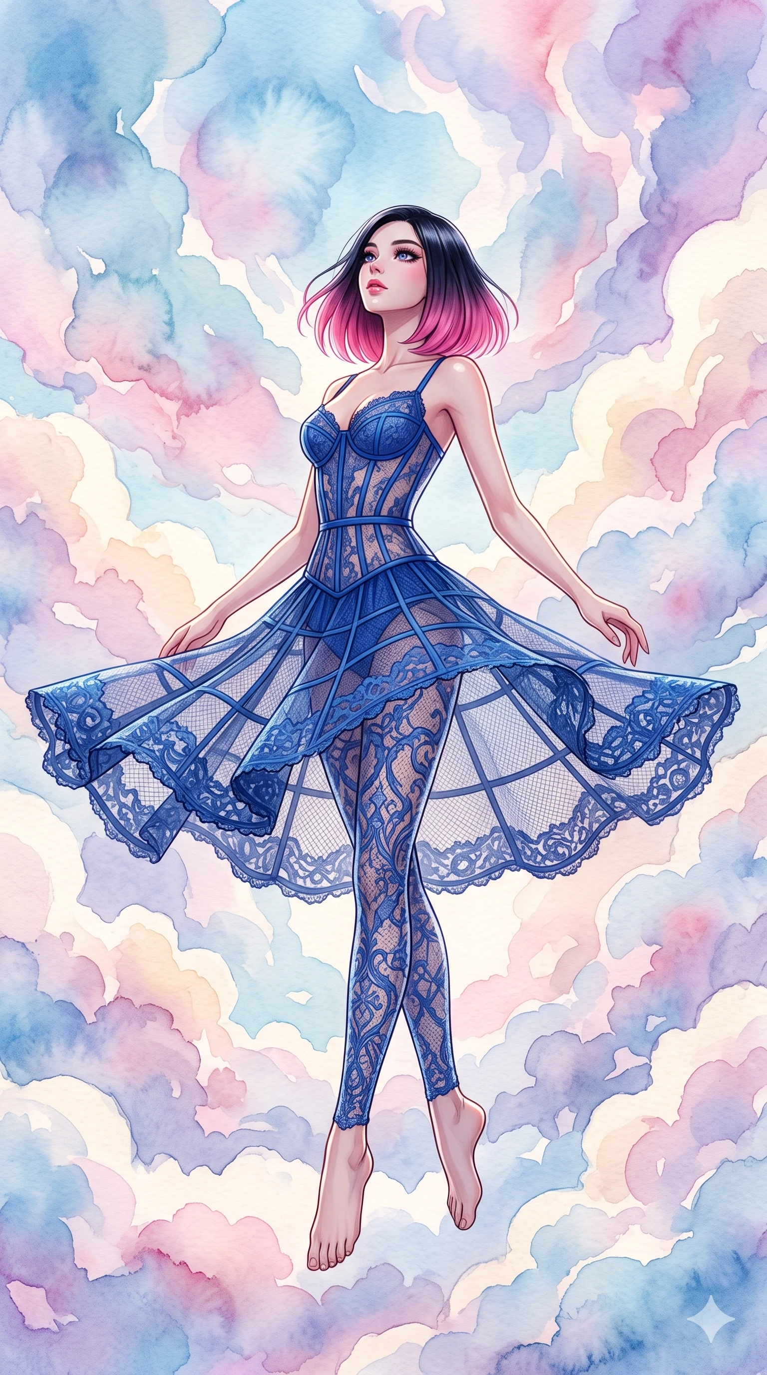 score_9, masterpiece, best quality, ultra-detailed, high-budget anime keyframe, editorial fashion photography, tasteful artistic composition, Korean woman. low angle full-body shot from head to toe showing her feet, filling the entire 9:16 vertical frame with her statuesque presence, stretching her vertical silhouette. pirouetting mid-air inside floating among enormous clouds that are made of spreading watercolor washes in soft pastel tones each cloud a living painting that bleeds and blooms color into the surrounding atmosphere. She has a statuesque 8.5-heads proportion, an exceptionally tall, slender and willowy model-like build with impossibly long legs and a highly sculpted ultra-slim waist. sharp v-shaped jawline, high-bridge nose, intricate jewel-like eyes with depth, thick eyelashes, glossy lips with a natural sheen. wearing a lace cage dress in cobalt blue, with a detailed corset waist and sheer panels that highlight her slender torso. soft glowing ambient light with sharp side key light tracing the sleek contours of her figure. 2k, ultra detail, master piece, 9:16 ratio