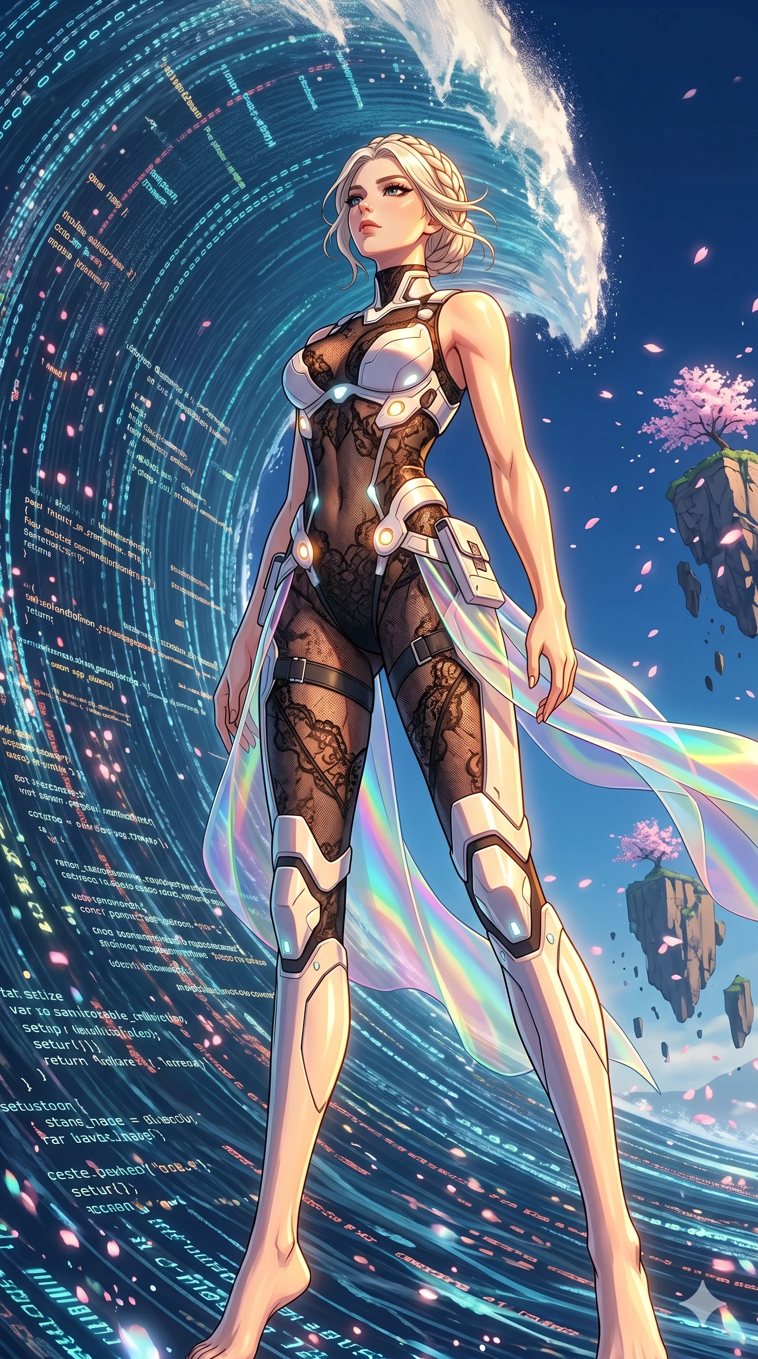 score_9, masterpiece, best quality, ultra-detailed, High-budget Anime Keyframe, vibrant colors, fluid line-art, expressive lighting, cinematic composition, Ufotable-style visual effects, top-tier animation quality, Japanese woman with delicate and elegant anime-inspired features. Low angle cowboy shot filling the entire 9:16 frame with her statuesque presence, looking up to emphasize her height. Surfing on a massive wave of pure data within a virtual world, the landscape changing rapidly as she speeds through. She has an absolutely perfect 8-heads proportion, an exceptionally tall and slender female figure with impossibly long slender legs and an ultra-slim waist, her statuesque height and towering silhouette dominating the vertical 9:16 frame. Her face is a masterpiece featuring a sharp v-shaped jawline, high-bridge nose, intricate jewel-like eyes with depth, thick eyelashes, and glossy lips with a natural sheen. She is wearing a Sheer lace catsuit with strategically placed armor plating and glowing energy nodes crafted from Holographic chiffon that changes color with every movement, creating a rainbow effect, with integrated neon-lit tactical gear and suggestive cutouts on the thighs. The scene is set in an ancient floating island with pink cherry blossoms falling like snow against a blue sky, illuminated by golden hour sunlight that gives her skin a warm, radiant glow. 2k, ultra detail, master piece, 9:16 ratio