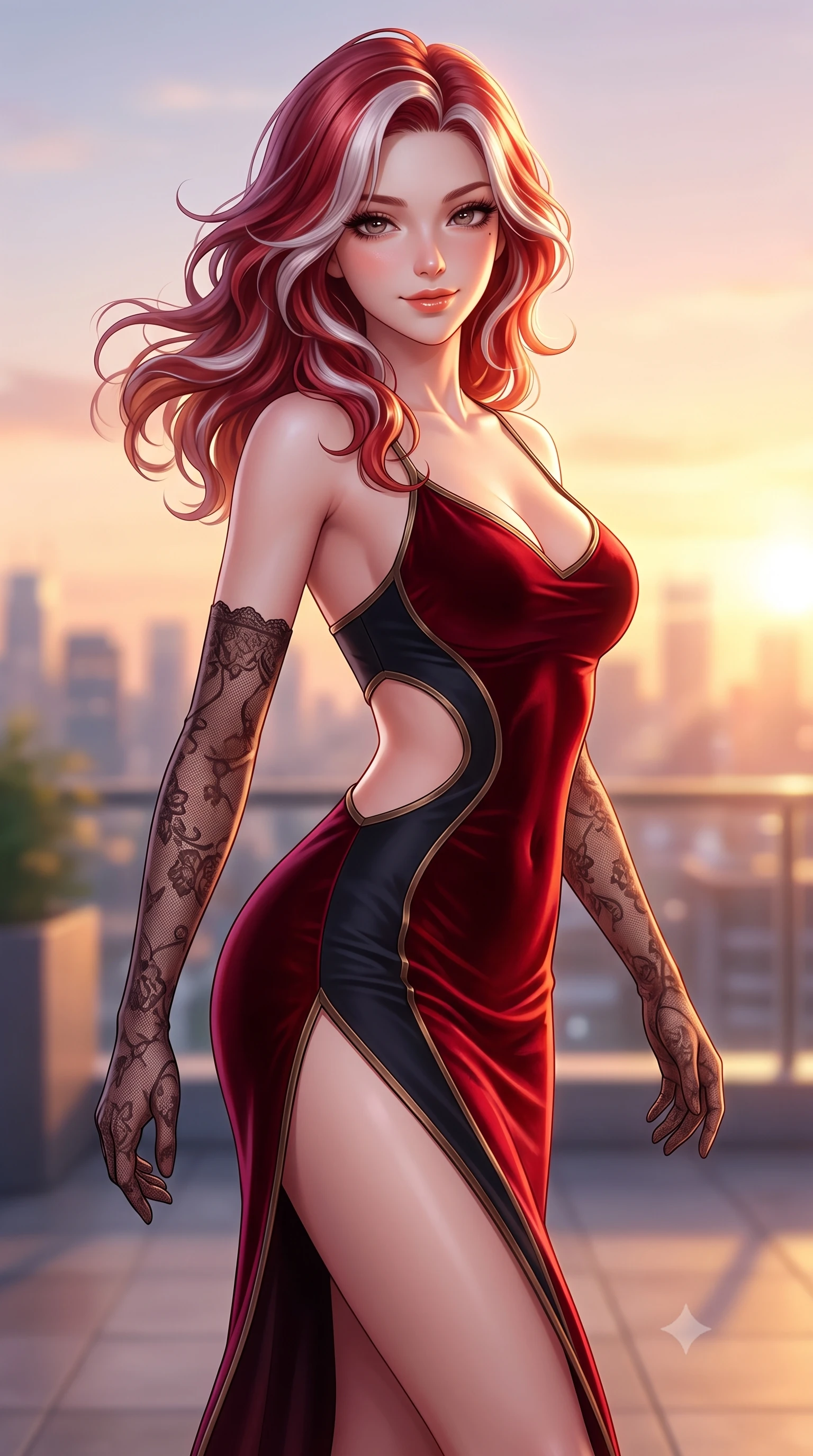 score_9, masterpiece, best quality, ultra-detailed, high-budget anime keyframe, semi-realistic 3D game render, editorial fashion photography, tasteful artistic composition, Caucasian woman. close-up cowboy shot from the waist and thighs up, the character dominates the composition, filling the frame with her large presence. turning slowly with an enchanting smoldering smile, her glossy hair tossing in the breeze as her hips angle gracefully in a captivating contrapposto while twisting her slender torso in an alluring S-curve, evening breezes molding her form-fitting dress to her long slender legs and curvy hips. The background shows a soft-focus city skyline horizons softened in breezy metropolitan rooftop shallow focus. She has an exceptionally elegant, slender, and willowy female figure with an ultra-slim waist, flat toned midriff, narrow ribcage, and sculpted feminine hips creating an alluring, slim hourglass silhouette without bulk. sharp v-shaped jawline, high-bridge nose, sparkling eyes with hypnotic seductive depth, thick curled eyelashes, glossy parted lips with a natural dewy peach sheen, alluring bedroom-eyes with an enchanting coquettish smile, exuding magnetic siren charisma and sophisticated glamour, flawlessly proportioned anatomical accuracy, strict slender model proportions, natural body alignment, perfectly sculpted long slender limbs, ultra-slim waistline, clean dynamic posture without body distortion. wearing a sculptural liquid jersey column dress with a dramatic hip-high side slit and asymmetrical cutout waist darts in deep blood-red velvet and midnight obsidian black with antique bronze trims, crafted from smooth liquid-tight stretch jersey emphasizing every curve of her body, complemented by sheer opera-length lace evening gloves tracing her slender arms, the high-slit wrap tailoring accentuating her ultra-slim waistline and the enchanting curve of her feminine hips with alluring seductive charm. bathed in radiant golden hour sunset illumination washing horizontally across the rooftop terrace. highly saturated vibrant anime colors, detailed shading with soft gradients, rich glossy textures, high-contrast stereoscopic depth, volumetric dynamic lighting, master piece, 9:16 ratio