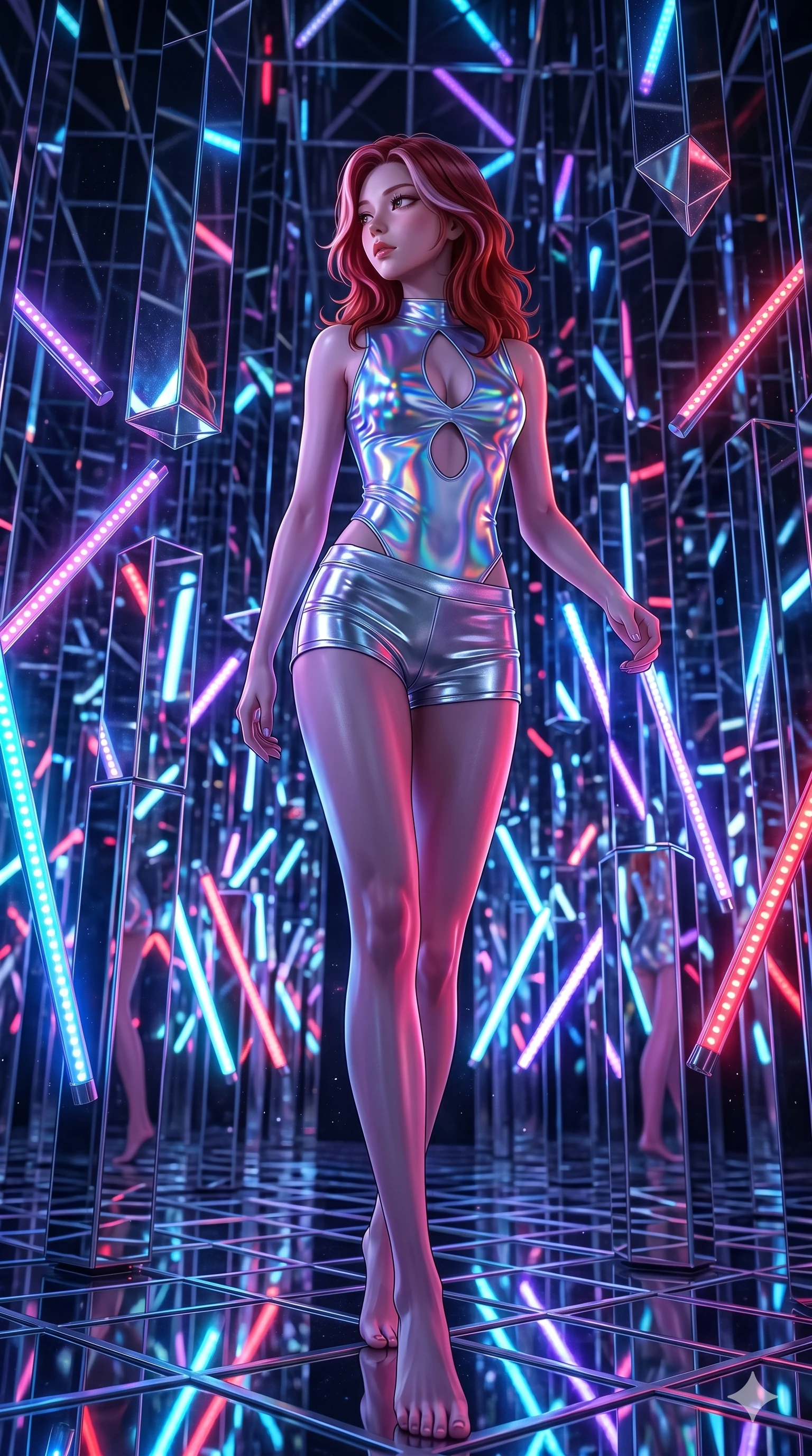 score_9, masterpiece, best quality, ultra-detailed, high-budget anime keyframe, Korean woman. low angle full-body shot filling the entire 9:16 frame with her statuesque presence, stretching the vertical silhouette. navigating a kinetic light-sculpture mirror maze, passing between floating chromium mirror pillars and rotating LED sticks. She has an absolutely perfect 8-heads proportion, an exceptionally tall and slender female figure with impossibly long slender legs and an ultra-slim waist. V-shaped jawline, high-bridge nose, intricate jewel-like eyes with depth, thick eyelashes, glossy lips with a natural sheen.. wearing a holographic liquid silk vest and silver metallic micro-shorts, featuring a keyhole cutout and form-fitting silhouette. illuminated by dramatic chiaroscuro casting soft shadows along her curves, with vibrant backlighting highlighting the dust particles. 2k, ultra detail, master piece, 9:16 ratio