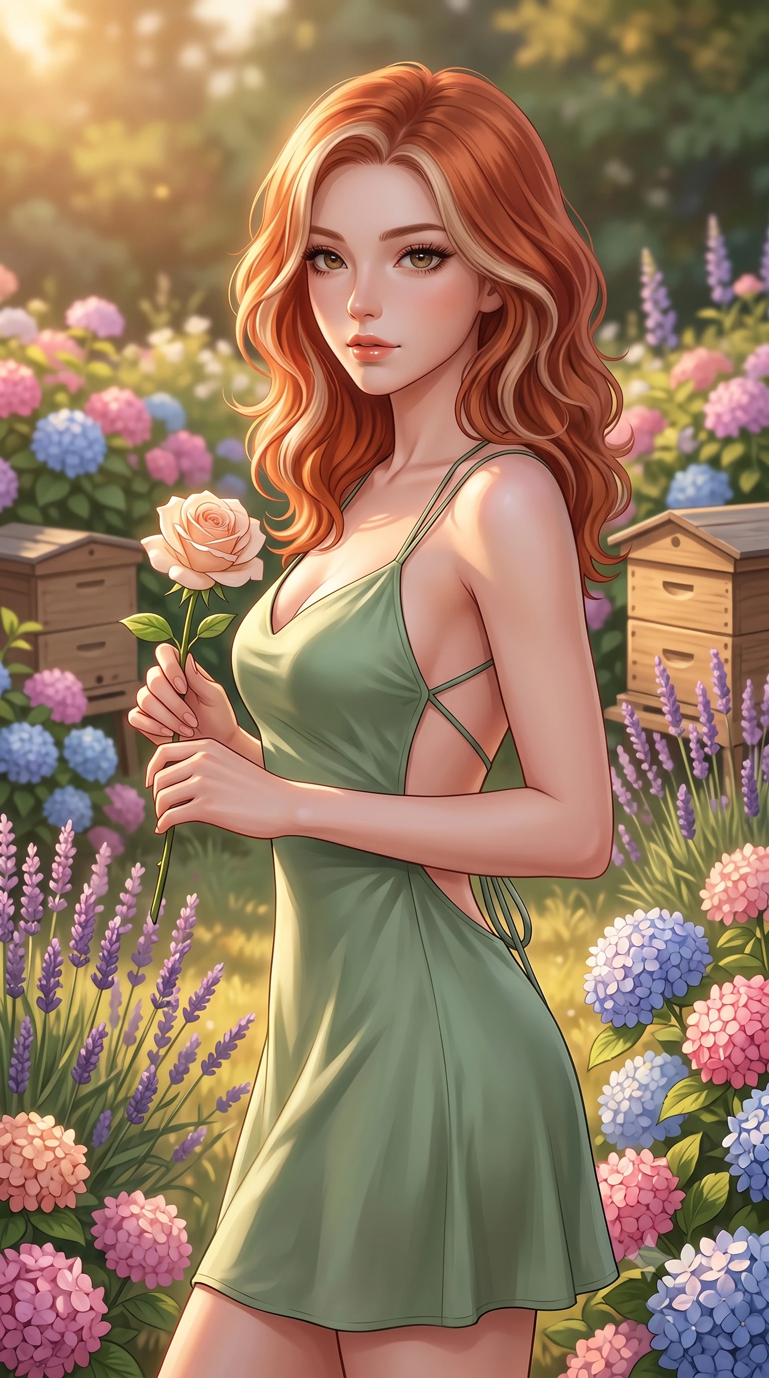 score_9, masterpiece, best quality, ultra-detailed, high-budget anime keyframe, editorial fashion photography, tasteful artistic composition, Caucasian woman woman. close-up cowboy shot from the waist and thighs up, the character dominates the composition, filling the frame with her large presence, background elements kept in soft focus. gazing directly at the viewer with a calm and welcoming expression, holding a fresh flower the background shows a soft-focus a cozy cottage garden filled with colorful hydrangeas, lavender, and wooden beehives. She has an exceptionally elegant, slender, and willowy female figure with an ultra-slim waist, a gracefully sculpted slender torso, and a refined silhouette. sharp v-shaped jawline, high-bridge nose, intricate jewel-like eyes with depth, thick eyelashes, glossy lips with a natural sheen. wearing a tailored lightweight silk sundress in sage green with a dramatic open-back and thin criss-cross straps. warm golden hour afternoon light bathing the garden in warmth. 2k, ultra detail, master piece, 9:16 ratio