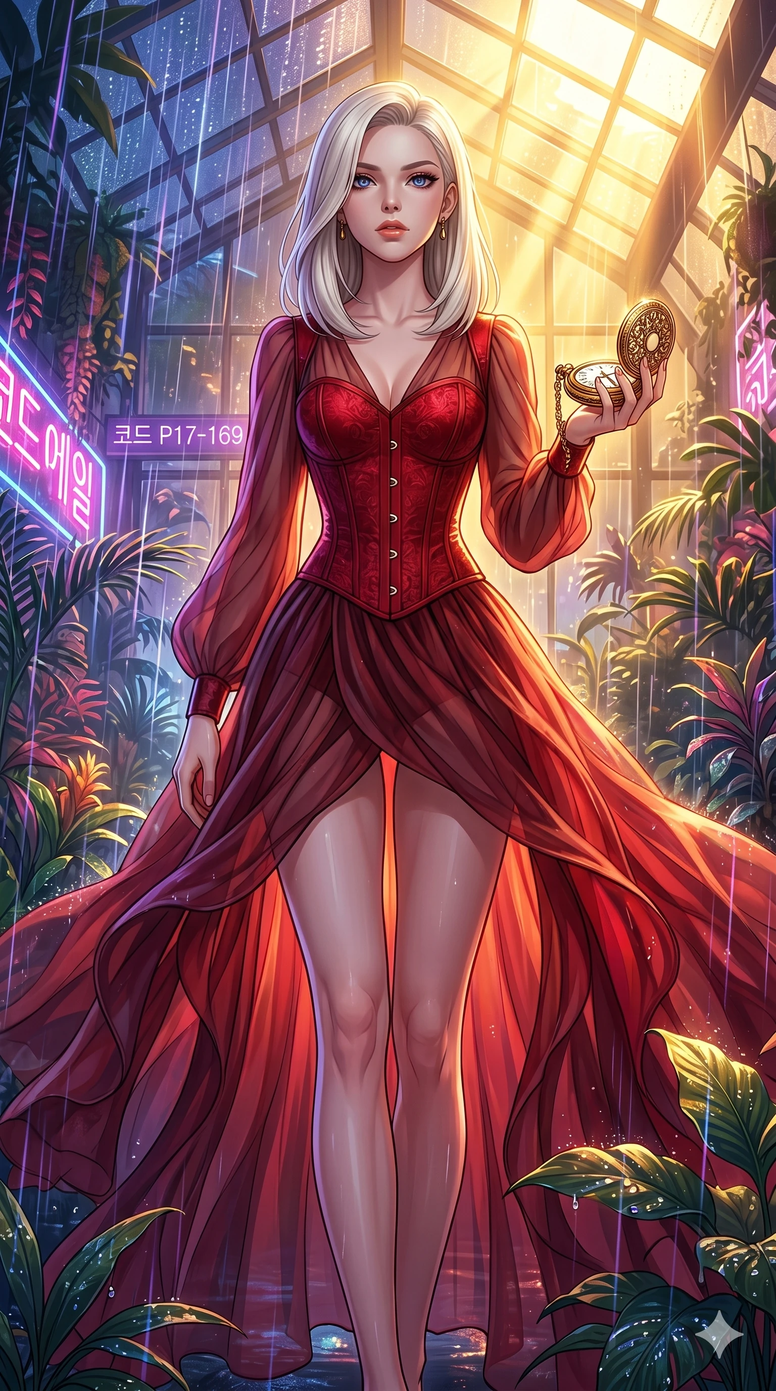 score_9, masterpiece, best quality, ultra-detailed, high-budget anime keyframe, editorial fashion photography, tasteful artistic composition, Caucasian woman, strictly human ears. cowboy shot from the thighs up, character and outfit filling the frame for maximum editorial presence. holding a golden pocket watch, looking past the camera with a focused expression in a greenhouse under falling neon rain (Code-P17-169). She has an absolutely perfect 8-heads proportion, an exceptionally tall and slender female figure with impossibly long slender legs and an ultra-slim waist. V-shaped jawline, high-bridge nose, intricate jewel-like eyes with depth, thick eyelashes, glossy lips with a natural sheen. wearing a sheer chiffon dress with a red corset bodice. brilliant golden rays from the ceiling, creating a warm glowing aura on her silhouette. 2k, ultra detail, master piece, 9:16 ratio