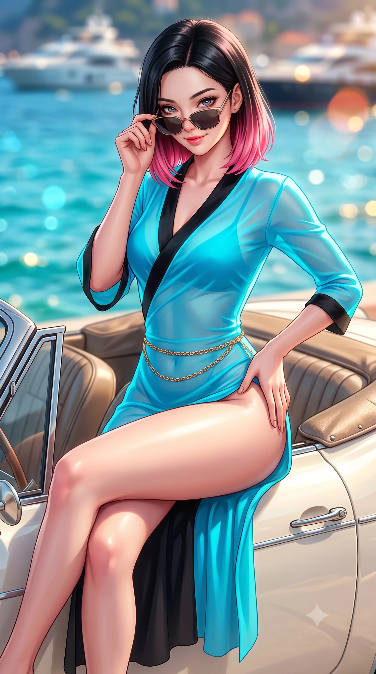 score_9, masterpiece, best quality, ultra-detailed, high-budget anime keyframe, semi-realistic 3D game render, editorial fashion photography, tasteful artistic composition, Korean woman. close-up cowboy shot from the waist and thighs up, the character dominates the composition, filling the frame with her large presence. arching her spine backward with effortless dancer poise, one hand sliding along her hip line as directional light carves specular highlights along her silhouette while perching on the leather seat rim of a vintage cream-white convertible with legs crossed, arching her lower back while lowering designer sunglasses with a flirtatious smile. The composition keeps background elements in soft focus with creamy bokeh. sparkling Mediterranean turquoise waves and distant luxury yachts blurred into molten azure, gold, and coral bokeh. She has an exceptionally elegant, slender, and willowy female figure with an ultra-slim waist, flat toned midriff, narrow ribcage, and sculpted feminine hips creating an alluring, slim hourglass silhouette without bulk. sharp v-shaped jawline, high-bridge nose, intricate jewel-like eyes with depth, thick eyelashes, glossy parted lips with a natural sheen, intensely captivating and seductive bedroom-eyes expression, flawlessly proportioned anatomical accuracy, strict slender model proportions, natural body alignment, perfectly sculpted long slender limbs, ultra-slim waistline, clean dynamic posture without body distortion. wearing a delicate semi-translucent silk yukata that clings to her wet skin and curvy hip contours in neon electric cyan and lacquer black, tailored from liquid silk jersey adhering flawlessly to her slender build, accented with a delicate gold chain belt resting loosely on her curvy hips, the glove-like aerodynamic silhouette tightly following the natural contour of her hips and long slender legs with statuesque 8.5-heads elegance. surrounded by a carefree, elite, and irresistibly magnetic Saint-Tropez heiress aura. highly saturated vibrant anime colors, detailed shading with soft gradients, rich glossy textures, high-contrast stereoscopic depth, volumetric dynamic lighting, master piece, 9:16 ratio