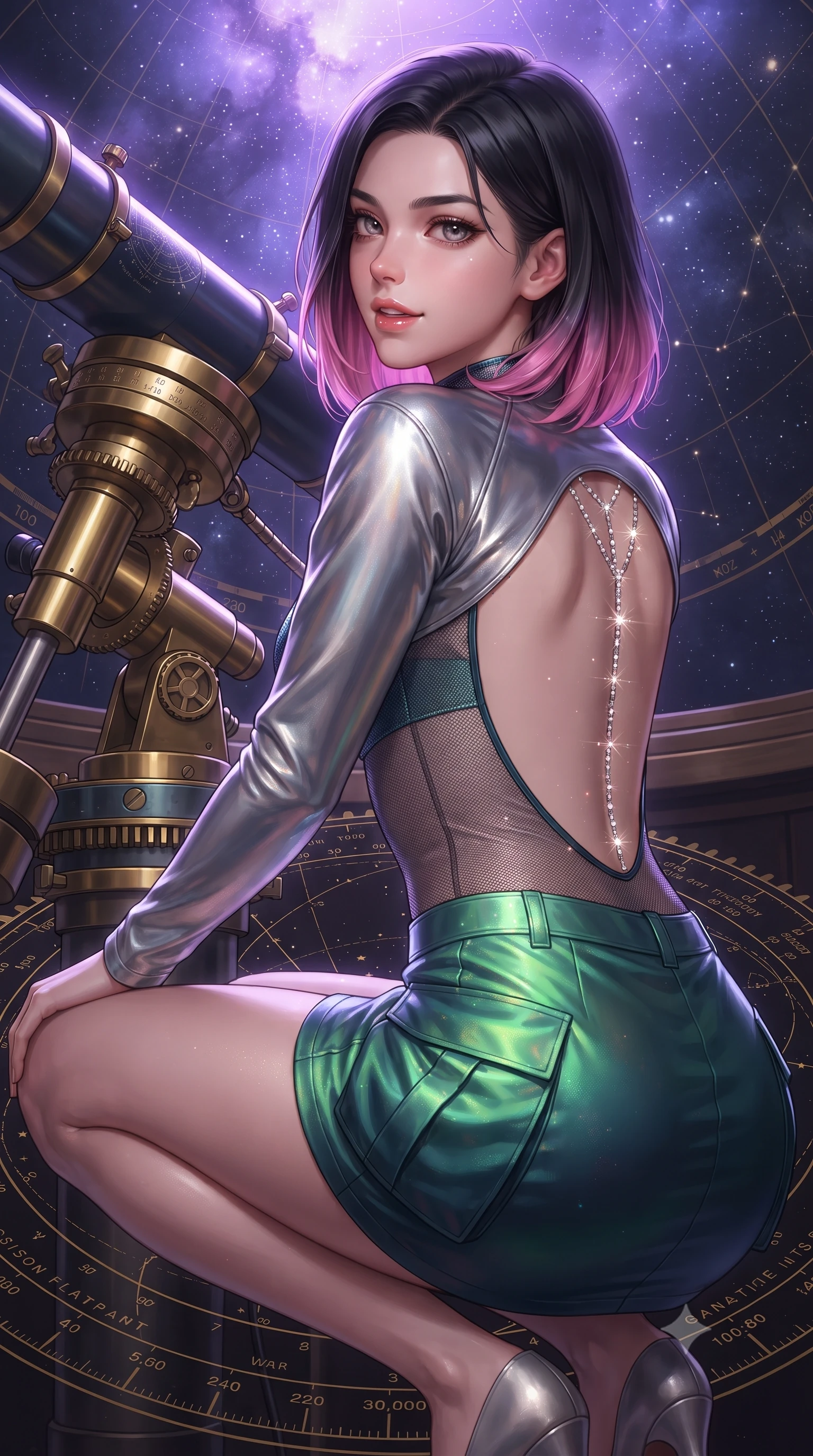 score_9, masterpiece, best quality, ultra-detailed, high-budget anime keyframe, editorial fashion photography, tasteful artistic composition, Korean woman. close-up cowboy shot from the waist and thighs up, the character dominates the composition, filling the frame with her large presence. turning over a bare shoulder with an intoxicating, teasing smile, her soft hair framing her sharp jawline as her hips angle gracefully while crouching gracefully beside the brass telescope mount, looking back with parted glossy lips as galactic starlight washes over her curves. The surrounding environment is rendered in vivid detail and crisp panoramic clarity. sharp brass gear teeth, engraved celestial coordinate rings, and star map typography in deep focus. She has an exceptionally elegant, slender, and willowy female figure with an ultra-slim waist, a gracefully sculpted slender torso, toned flat midriff, and rounded feminine hips creating an alluring hourglass silhouette. sharp v-shaped jawline, high-bridge nose, intricate jewel-like eyes with depth, thick eyelashes, glossy parted lips with a natural sheen, intensely captivating and seductive bedroom-eyes expression, flawlessly proportioned anatomical accuracy, strict slender model proportions, natural body alignment, perfectly sculpted long slender limbs, ultra-slim waistline, clean dynamic posture without body distortion. wearing a futuristic sheer mesh bodysuit layered under a metallic silver shrug bolero and micro cargo skirt in glowing aurora green and midnight teal, made of flexible reflective spandex and metallic webbing, accented with a glittering crystal constellation back chain tracing her bare spine, the dramatically scooped open back descending to the base of her spine, accentuating her razor-sharp statuesque lines and curvy hourglass silhouette. bathed in cool violet nebula glow from above and warm golden brass indicator uplights. ultra-reflective glossy finish, specular highlights, rich textural contrasts, high-contrast stereoscopic depth, volumetric dynamic lighting, 2k, ultra detail, master piece, 9:16 ratio