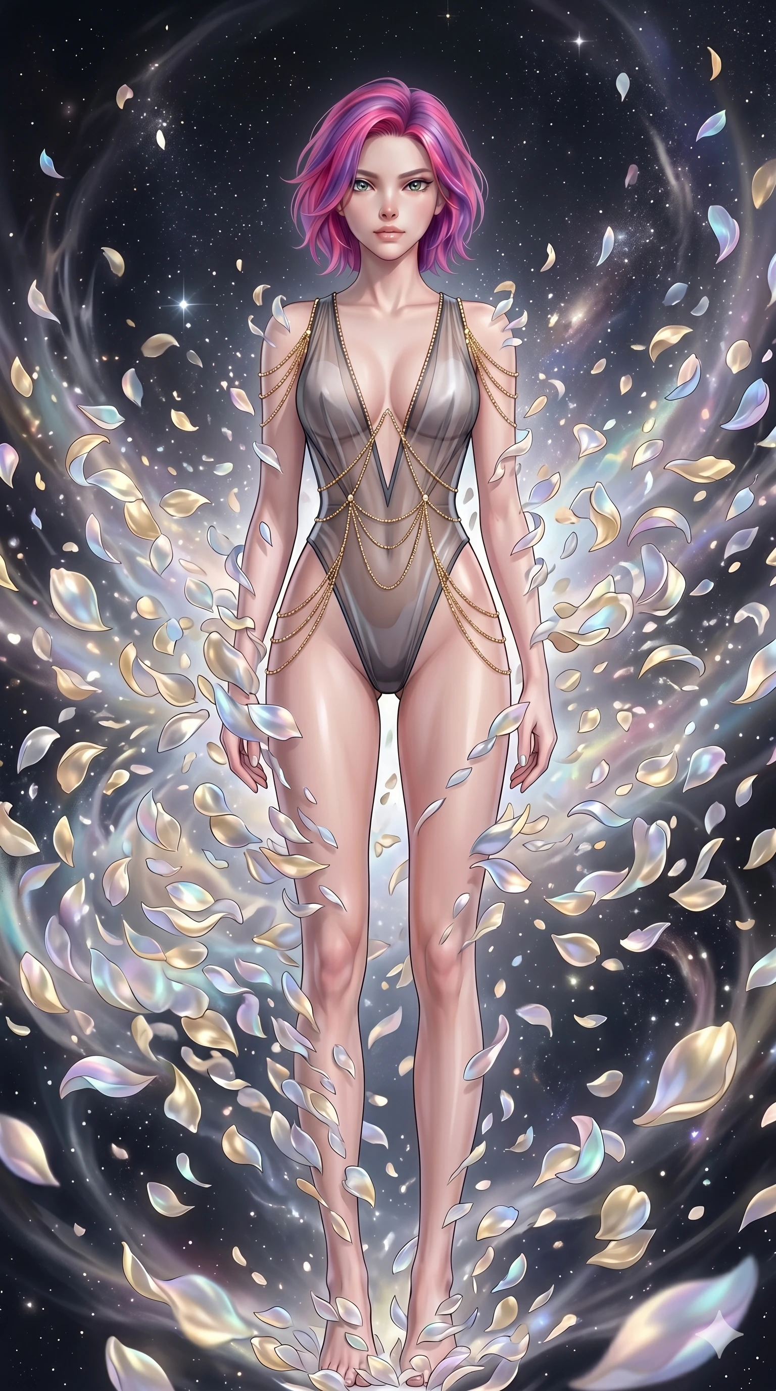 score_9, masterpiece, best quality, ultra-detailed, High-budget Anime Keyframe, East Asian woman. Low angle cowboy shot filling the entire 9:16 frame with her statuesque presence. Scenario 241: Dissolving into a cloud of iridescent silk petals in a void. Her presence is magnetic and overpowering in this high-budget anime scene. Outfit 241: A sheer organza dangerous with a high-cut leg line and fine gold chains. The clothing is designed to emphasize her exceptionally tall and slender 8-heads proportion. 8-heads proportion, towering silhouette, ultra-slim waist. sharp v-shaped jawline, intricate jewel-like eyes with depth, thick eyelashes, glossy lips. 2k, ultra detail, master piece, 9:16 ratio