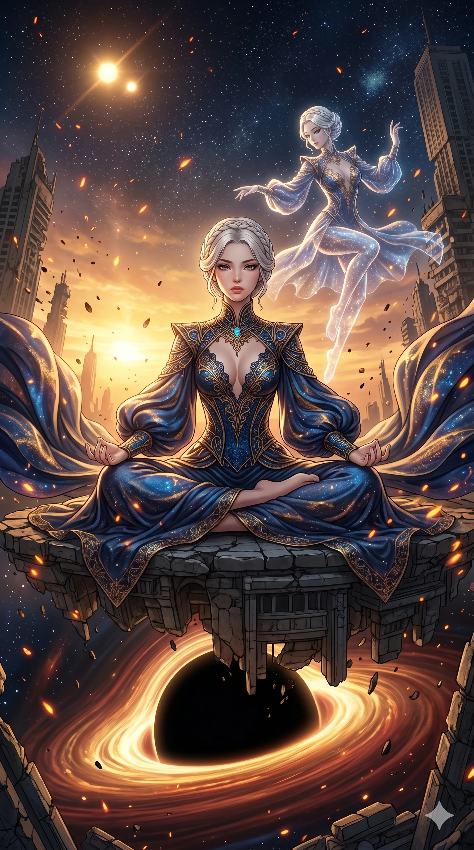 score_9, masterpiece, best quality, ultra-detailed, Set A: High-budget Anime Keyframe, Japanese woman. Low angle cowboy shot filling the entire 9:16 frame with her statuesque presence. Theme: Urban Decay. meditating in the edge of a black hole, as her reflection in the air starts to dance independently 175. The atmosphere is filled with golden hour with floating embers. She has an absolutely perfect 8-heads proportion, an exceptionally tall and slender female figure with impossibly long slender legs and an ultra-slim waist. Sharp v-shaped jawline, high-bridge nose, intricate jewel-like eyes with depth, glossy lips. Wearing Futuristic court-lady gown with massive sleeves and a deep-cut lace bodice. Cinematic lighting, vivid colors, dramatic shadows, 2k, ultra detail, master piece, 9:16 ratio