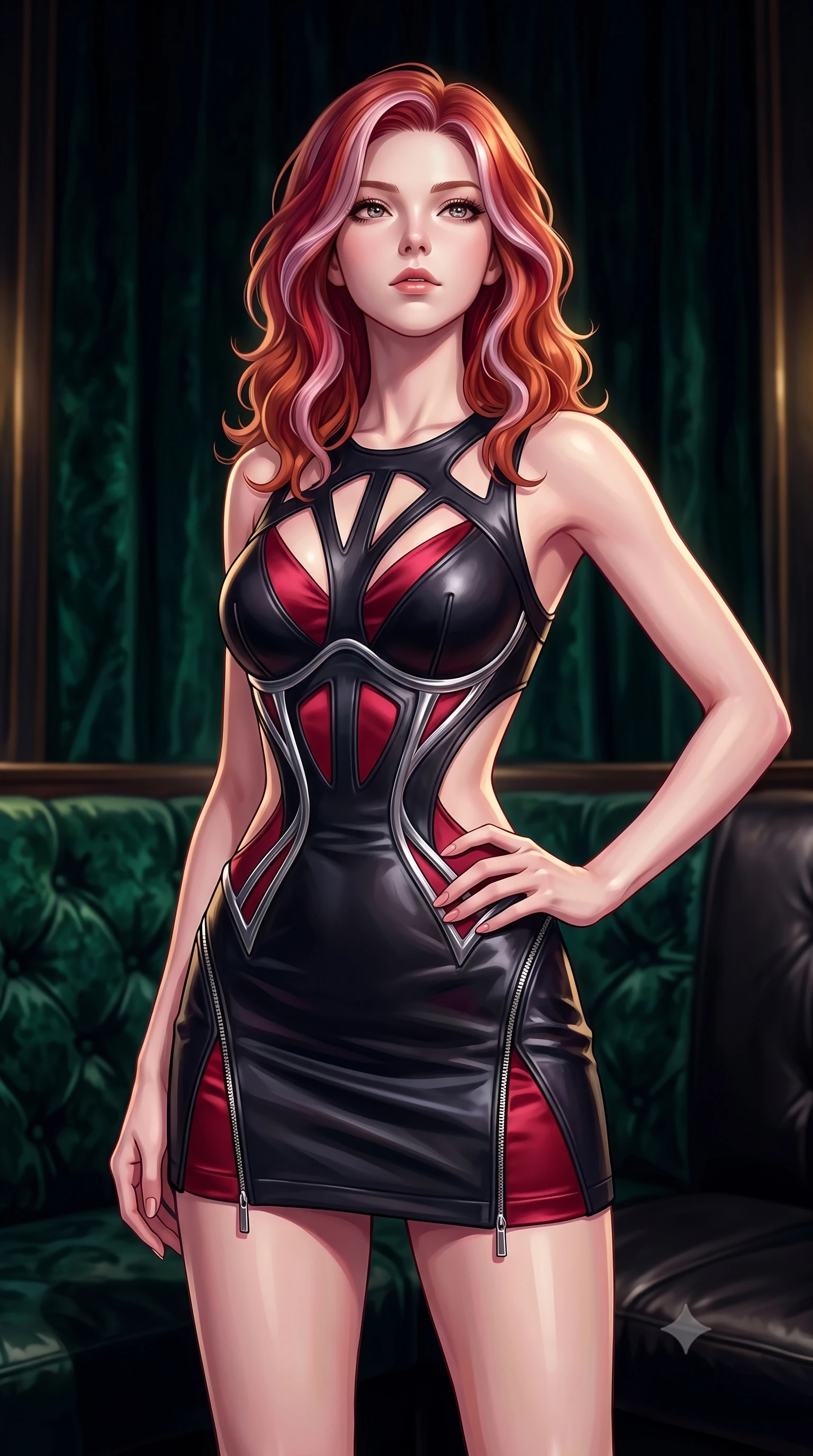 score_9, masterpiece, best quality, ultra-detailed, high-budget anime keyframe, editorial fashion photography, tasteful artistic composition, Caucasian woman. close-up cowboy shot from the waist and thighs up, the character dominates the composition, filling the frame with her large presence, background elements kept in soft focus. Holding a confident power pose with one hand on her hip, looking up with a magnetic, composed expression from a dark private booth, crushed emerald velvet and dark leather absorbing ambient light into deep shadows. She has an exceptionally elegant, slender, and willowy female figure with an ultra-slim waist, a gracefully sculpted slender torso, and a refined silhouette. sharp v-shaped jawline, high-bridge nose, intricate jewel-like eyes with depth, thick eyelashes, glossy lips with a natural sheen. wearing architectural cut-out dark leather mini dress with sculpted metallic boning in pitch-black onyx, made of soft crimson satin, finished with metallic silver boning and sleek zipper points, accentuating her gracefully sculpted slender torso. lit by low-key golden rays highlighting her refined silhouette. highly saturated vibrant anime colors, detailed shading with soft gradients, rich glossy textures, high-contrast stereoscopic depth, volumetric dynamic lighting, master piece, 9:16 ratio