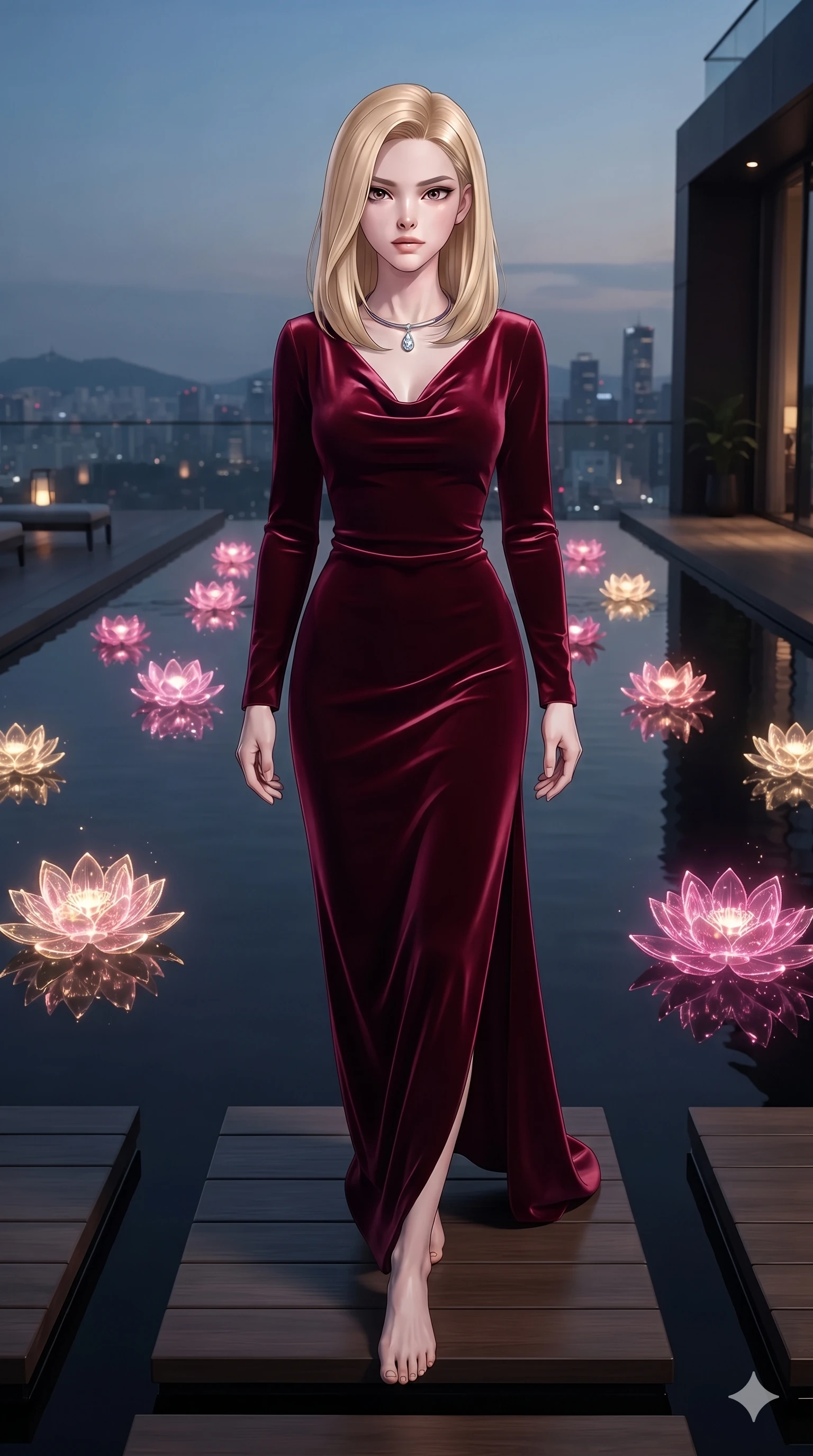 score_9, masterpiece, best quality, ultra-detailed, high-budget anime keyframe, editorial fashion photography, tasteful artistic composition, Korean woman. low angle full-body shot from head to toe showing her feet, filling the entire 9:16 vertical frame with her statuesque presence, stretching her vertical silhouette. stepping slowly toward the camera with hypnotic grace, hips swaying in an alluring sensual rhythm that accentuates her curvy hourglass silhouette and long slender legs while standing poised on the teak stepping stones across the black infinity reflecting pool, arching her lower back with magnetic siren charisma as floating holographic lotuses pulse in pink and gold. The surrounding environment is rendered in vivid detail and crisp panoramic clarity: detailed garment textures, second-skin fit, and world-class penthouse terrace architecture in high resolution. She has an exceptionally tall and slender model-like 8.5-heads proportion, an ultra-slim waist, a flat toned midriff, narrow delicate ribcage, and beautifully sculpted feminine hips creating a graceful, slim hourglass silhouette without any bulky heaviness, with impossibly long slender legs. sharp v-shaped jawline, high-bridge nose, intricate jewel-like sparkling eyes with depth, thick eyelashes, glossy parted lips with a natural peach sheen, bright cheerful beaming smile with an enchanting and coquettish sensual glint, exuding both youthful cute charm and seductive allure, flawlessly proportioned anatomical accuracy, strict slender model proportions, natural body alignment, perfectly sculpted long slender limbs, ultra-slim waistline, clean dynamic posture without body distortion. wearing a refined long-sleeve cowl-neck satin evening gown with modest draped neckline and tailored waistline in royal opera crimson velvet and burnished gold, crafted from bespoke double-faced cashmere with an exceptionally soft tactile finish, finished with a minimalist chrome choker and a single teardrop diamond pendant, the impeccably tailored cut draping gracefully along her slender figure with aristocratic poise. illuminated by water reflection bounce and sharp lotus-pink rim lights defining her jawline, narrow waist, and curvy hips. ultra-reflective glossy finish, specular highlights, rich textural contrasts, high-contrast stereoscopic depth, volumetric dynamic lighting, 2k, ultra detail, master piece, 9:16 ratio