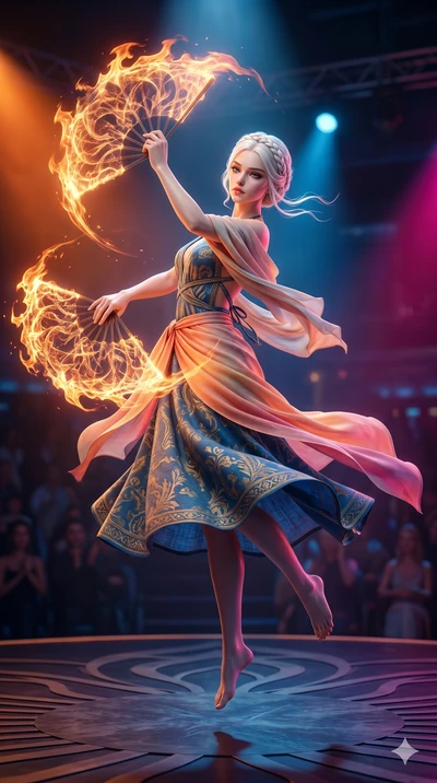 score_9, masterpiece, best quality, ultra-detailed, photorealistic 8k CG, hyper-detailed textures, ray-tracing, Caucasian (strictly human ears) woman. Mid-air action shot capturing a graceful twist and vertical silhouette. performing a traditional fa