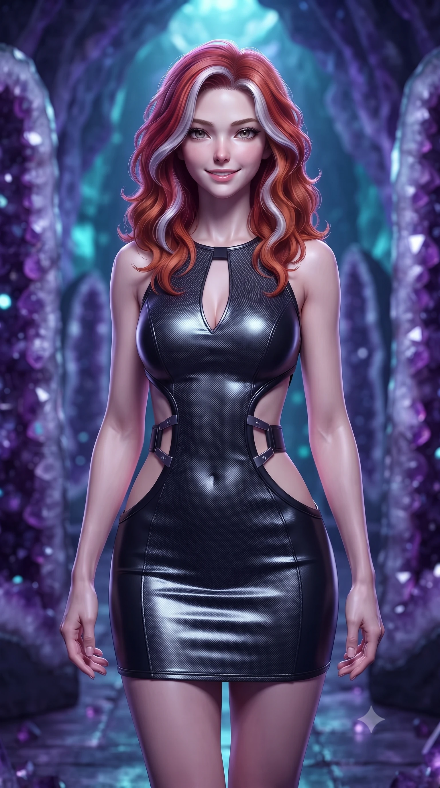 score_9, masterpiece, best quality, ultra-detailed, high-budget anime keyframe, editorial fashion photography, tasteful artistic composition, Caucasian woman. close-up cowboy shot from the waist and thighs up, the character dominates the composition, filling the frame with her large presence, background elements kept in soft focus. Smiling with quiet, magnetic self-assurance directly into the lens standing inside a breathtaking cavern lined with massive amethyst geode pillars, sharp crystalline reflections creating an opulent, jewel-like ambience. She has an exceptionally elegant, slender, and willowy female figure with an ultra-slim waist, a gracefully sculpted slender torso, and a refined silhouette. sharp v-shaped jawline, high-bridge nose, intricate jewel-like eyes with depth, thick eyelashes, glossy lips with a natural sheen. wearing a dramatic open-waist cutout mini dress framed by sculptural hardware in matte black and polished silver, made of fine carbon-fiber weave and soft matte leather, accented with a Tasteful chest slit framing her clavicle gracefully, the tailored fabric tightly following every curve of her athletic build. surrounded by a cool jewel-toned luminescence with bright specular rim lights. ultra-reflective glossy finish, specular highlights, metallic sheen, high-contrast stereoscopic depth, volumetric dynamic lighting, 2k, ultra detail, master piece, 9:16 ratio