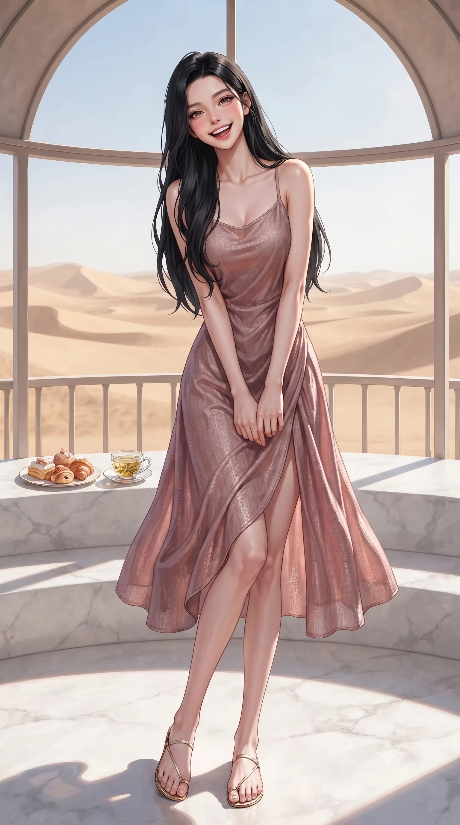 score_9, masterpiece, best quality, ultra-detailed, high-budget anime keyframe, editorial fashion photography, tasteful artistic composition, Korean woman. low angle full-body shot from head to toe showing her feet, filling the entire 9:16 vertical frame with her statuesque presence, stretching her vertical silhouette. standing with a cute, bright pose, tilting her head with a beaming smile set against a soft-focus background of inside a luxury dome resort room with a large panoramic window showing sand dunes with a plate of fresh pastries and a cup of herbal tea on the balcony railing. She has an absolutely perfect, statuesque 8.5-heads proportion, an exceptionally tall and slender model-like female figure with impossibly long slender legs and an ultra-slim waist. sharp v-shaped jawline, high-bridge nose, intricate jewel-like eyes with depth, thick eyelashes, glossy lips with a natural sheen. wearing slim-fit flowy linen sundress in dusty rose, draped softly and comfortably. bright midday sun casting crisp, clean shadows on the white stone deck. ultra-reflective glossy finish, specular highlights, metallic sheen, high-contrast stereoscopic depth, volumetric dynamic lighting, 2k, ultra detail, master piece, 9:16 ratio
