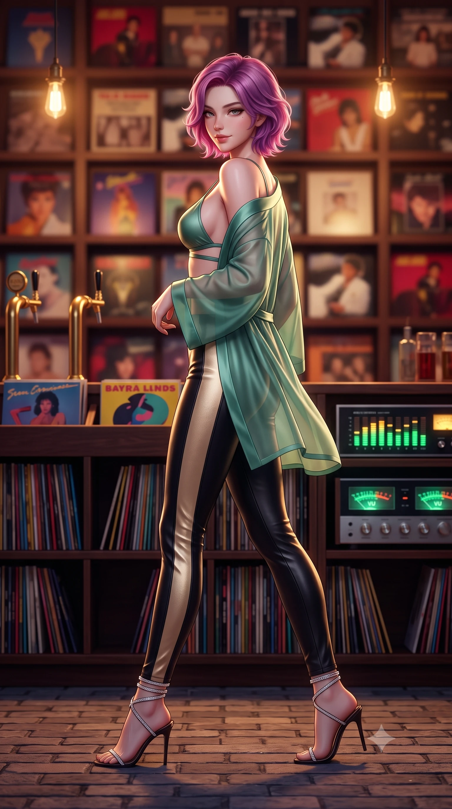 score_9, masterpiece, best quality, ultra-detailed, high-budget anime keyframe, semi-realistic 3D game render, editorial fashion photography, tasteful artistic composition, Caucasian woman. low angle full-body shot from head to toe showing her feet, filling the entire 9:16 vertical frame with her statuesque presence, stretching her vertical silhouette. walking along the moonlit terrace with poise, looking back over her bare shoulder with an irresistible smoldering bedroom-gaze while standing poised between floor-to-ceiling vinyl shelves with hips cocked back, looking over a bare shoulder with an irresistible bedroom-gaze. The background shows a soft-focus walls of colorful 80s vinyl album covers, brass bar taps, and glowing analog stereo equalizer displays blurred into ruby, brass, and smoky amber bokeh. She has an absolutely perfect, statuesque 8.5-heads proportion, an exceptionally tall and slender model-like female figure with impossibly long slender legs, an ultra-slim waist, a flat toned midriff, narrow delicate ribcage, and beautifully sculpted feminine hips creating a graceful, slim hourglass silhouette without any bulky heaviness. sharp v-shaped jawline, high-bridge nose, sparkling eyes with hypnotic seductive depth, thick curled eyelashes, glossy parted lips with a natural dewy peach sheen, alluring bedroom-eyes with an enchanting coquettish smile, exuding magnetic siren charisma and sophisticated glamour, flawlessly proportioned anatomical accuracy, strict slender model proportions, natural body alignment, perfectly sculpted long slender limbs, ultra-slim waistline, clean dynamic posture without body distortion. wearing a delicate semi-sheer jade silk boudoir robe worn loose and slipping off bare shoulders over a matching strappy bralette in midnight obsidian black and shimmering liquid champagne gold, woven from buttery-soft stretch lambskin leather adhering to her body like a second skin, complemented by strappy stiletto sandals with crystal ankle wraps accentuating her slender calves, the glove-like clinging cut tightly following the natural contour of her hips and long slender legs with youthful 8.5-heads elegance. bathed in warm incandescent pendant lighting and glowing green-and-amber stereo VU meter backlights. highly saturated vibrant anime colors, detailed shading with soft gradients, rich glossy textures, high-contrast stereoscopic depth, volumetric dynamic lighting, master piece, 9:16 ratio