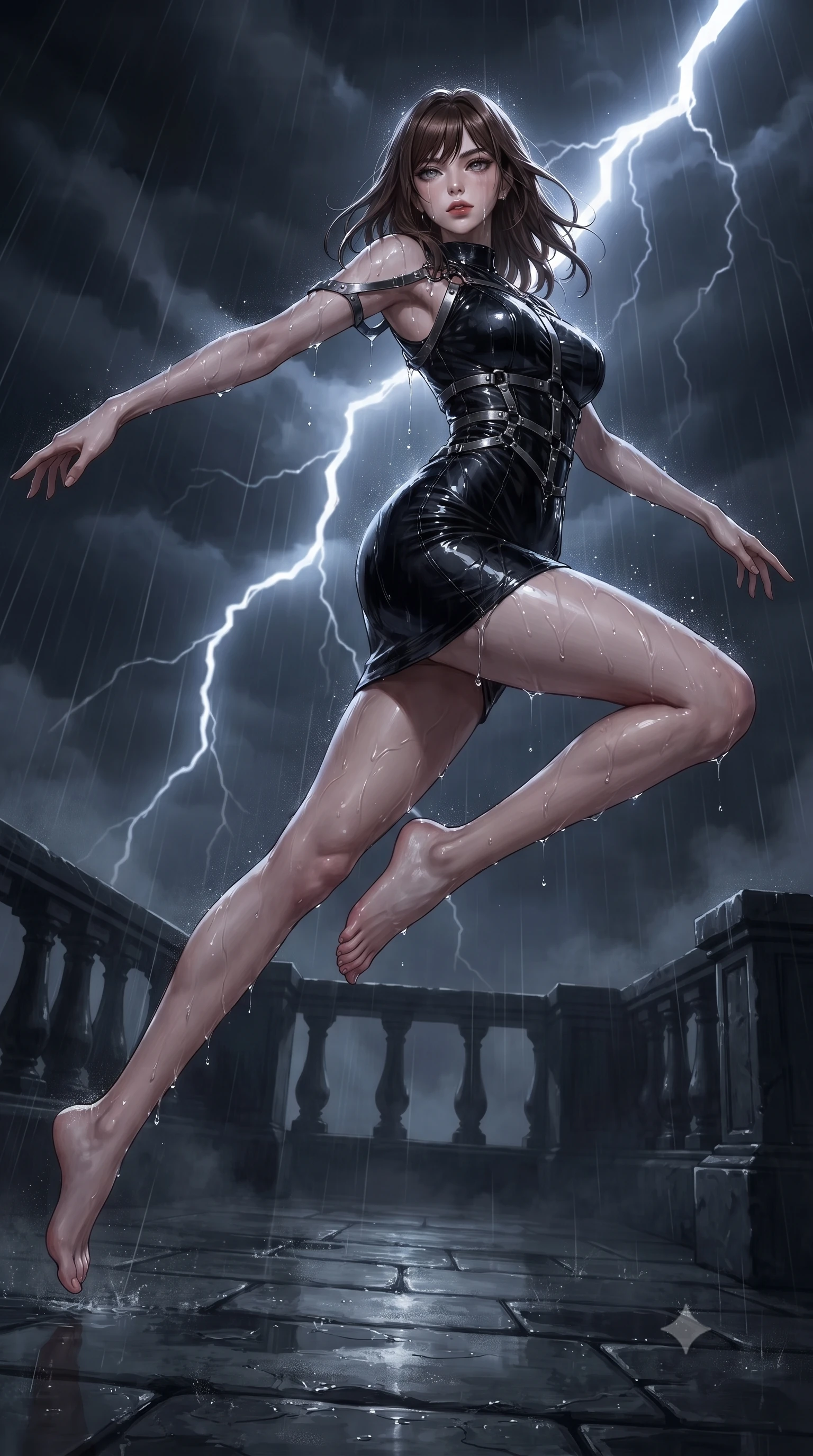 score_9, masterpiece, best quality, ultra-detailed, high-budget anime keyframe, editorial fashion photography, tasteful artistic composition, Korean woman. low angle full-body shot from head to toe showing her feet, filling the entire 9:16 vertical frame with her statuesque presence, stretching her vertical silhouette. leaping dynamically through the pitch-black void, her posture full of power and elegance, walking along a dark stone terrace shrouded in thick midnight rain and fog, dramatic lightning flashes illuminating dark thunderclouds in the background. She has an absolutely perfect, statuesque 8.5-heads proportion, an exceptionally tall and slender model-like female figure with impossibly long slender legs and an ultra-slim waist. sharp v-shaped jawline, high-bridge nose, intricate jewel-like eyes with depth, thick eyelashes, glossy lips with a natural sheen. wearing precision-fitted bodycon dress in high-gloss liquid vinyl in pitch-black onyx, made of polished black leather, highlighted by a gunmetal metallic harness structure, the fitted fabric emphasizing her ultra-slim waist. illuminated by dramatic lightning rim light contrasting with pitch-black night sky. highly saturated vibrant anime colors, detailed shading with soft gradients, rich glossy textures, high-contrast stereoscopic depth, volumetric dynamic lighting, master piece, 9:16 ratio