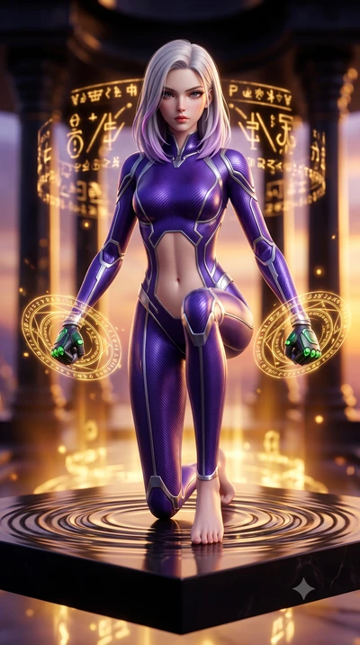 score_9, masterpiece, best quality, ultra-detailed, high-budget anime keyframe, semi-realistic 3D game render, editorial fashion photography, tasteful artistic composition, Caucasian woman. low angle full-body shot from head to toe showing her feet, 
