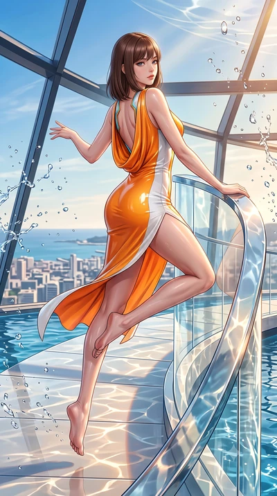 score_9, masterpiece, best quality, ultra-detailed, high-budget anime keyframe, semi-realistic 3D game render, editorial fashion photography, tasteful artistic composition, Korean woman. low angle full-body shot from head to toe showing her feet, fil