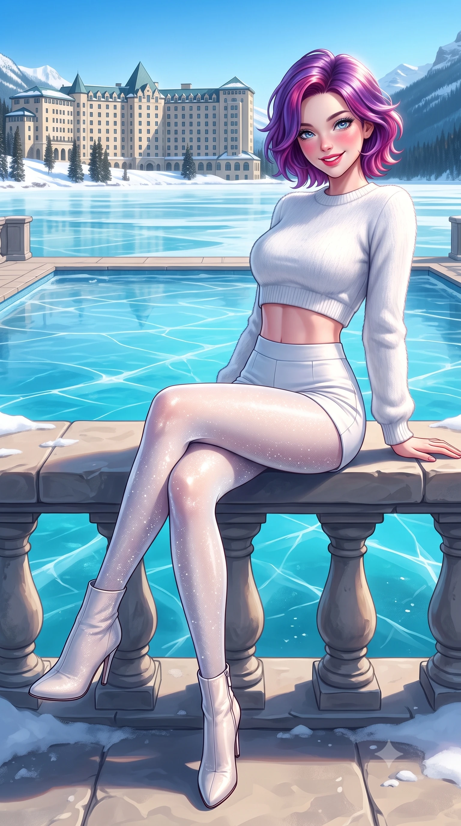 score_9, masterpiece, best quality, ultra-detailed, high-budget anime keyframe, semi-realistic 3D game render, editorial fashion photography, tasteful artistic composition, Caucasian woman. low angle full-body shot from head to toe showing her feet, filling the entire 9:16 vertical frame with her statuesque presence, stretching her vertical silhouette. sitting perched on the elevated stone pool coping with legs crossed and hips angled toward the camera, displaying her toned midriff and long slender limbs with joyful, coquettish charm while standing poised on the ice palace terrace overlooking the vast frozen turquoise sheet of Lake Louise, arching her spine with sovereign majesty. The surrounding environment is rendered in vivid detail and crisp panoramic clarity. detailed wool knit texture, sunburst highlights on hair, and iconic castle-hotel architecture in razor-sharp precision. She has an exceptionally tall and slender model-like 8.5-heads proportion, an ultra-slim waist, a flat toned midriff, narrow delicate ribcage, and beautifully sculpted feminine hips creating a graceful, slim hourglass silhouette without any bulky heaviness, with impossibly long slender legs. sharp v-shaped jawline, high-bridge nose, sparkling ice-crystal eyes with depth, frosty thick lashes, glossy parted lips with a rosy berry sheen, bright playful smile with an intoxicating seductive glint, rosy flushed cheeks radiating cozy warmth and dangerous allure, flawlessly proportioned anatomical accuracy, strict slender model proportions, natural body alignment, perfectly sculpted long slender limbs, ultra-slim waistline, clean dynamic posture without body distortion. wearing a chic white angora cropped sweater paired with tight high-waisted tailored shorts and sheer tights in pure snowflake white and icy silver shimmer, woven from layered gossamer chiffon with ethereal weightless flutter, featuring elegant fingerless knit wrist warmers and a dainty silver snowflake pendant, the precision-cut side openings and low-back scoop framing her graceful spine and the sensual sweep of her slim, toned hips. bathed in brilliant Canadian mountain sunlight reflecting off the vast frozen glacier basin. highly saturated vibrant anime colors, detailed shading with soft gradients, rich glossy textures, high-contrast stereoscopic depth, volumetric dynamic lighting, master piece, 9:16 ratio