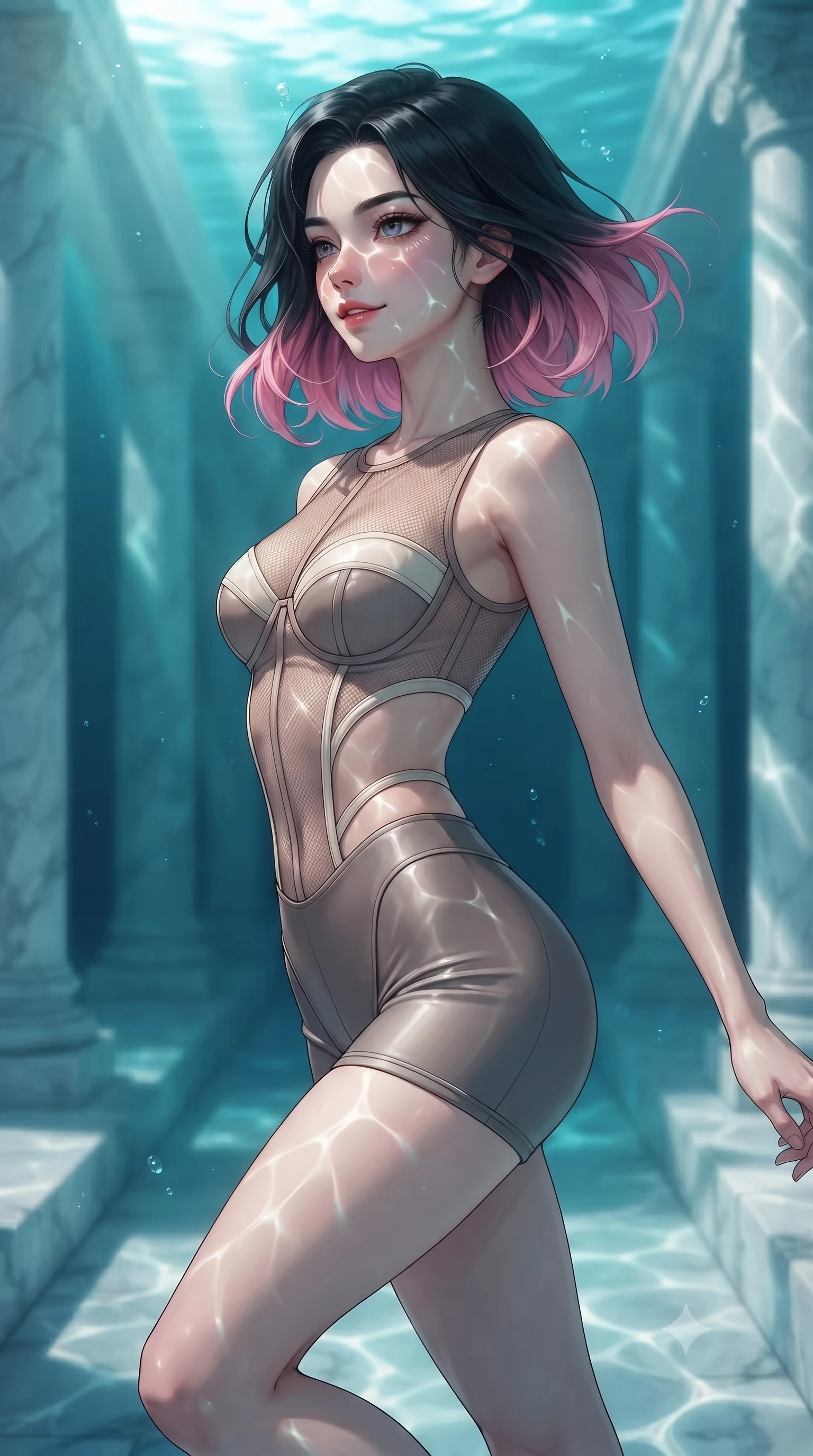 score_9, masterpiece, best quality, ultra-detailed, high-budget anime keyframe, editorial fashion photography, tasteful artistic composition, Korean woman. close-up cowboy shot from the waist and thighs up, the character dominates the composition, filling the frame with her large presence, background elements kept in soft focus. Glancing sidelong over her shoulder with a smoldering half-smile and heavy lashes floating gracefully through a sunken white marble colonnade underwater, golden sunbeams penetrating deep turquoise water creating caustic light patterns. She has an exceptionally elegant, slender, and willowy female figure with an ultra-slim waist, a gracefully sculpted slender torso, and a refined silhouette. sharp v-shaped jawline, high-bridge nose, intricate jewel-like eyes with depth, thick eyelashes, glossy lips with a natural sheen. wearing a delicate see-through mesh top with structured cup boning and micro-shorts in muted taupe and soft ivory, formed from sleek second-skin neoprene, featuring clean architectural cutouts along her slender torso, the tailored fabric tightly following every curve of her athletic build. lit by clear sun-drenched sea light with soft ethereal shadows. highly saturated vibrant anime colors, detailed shading with soft gradients, rich glossy textures, high-contrast stereoscopic depth, volumetric dynamic lighting, master piece, 9:16 ratio