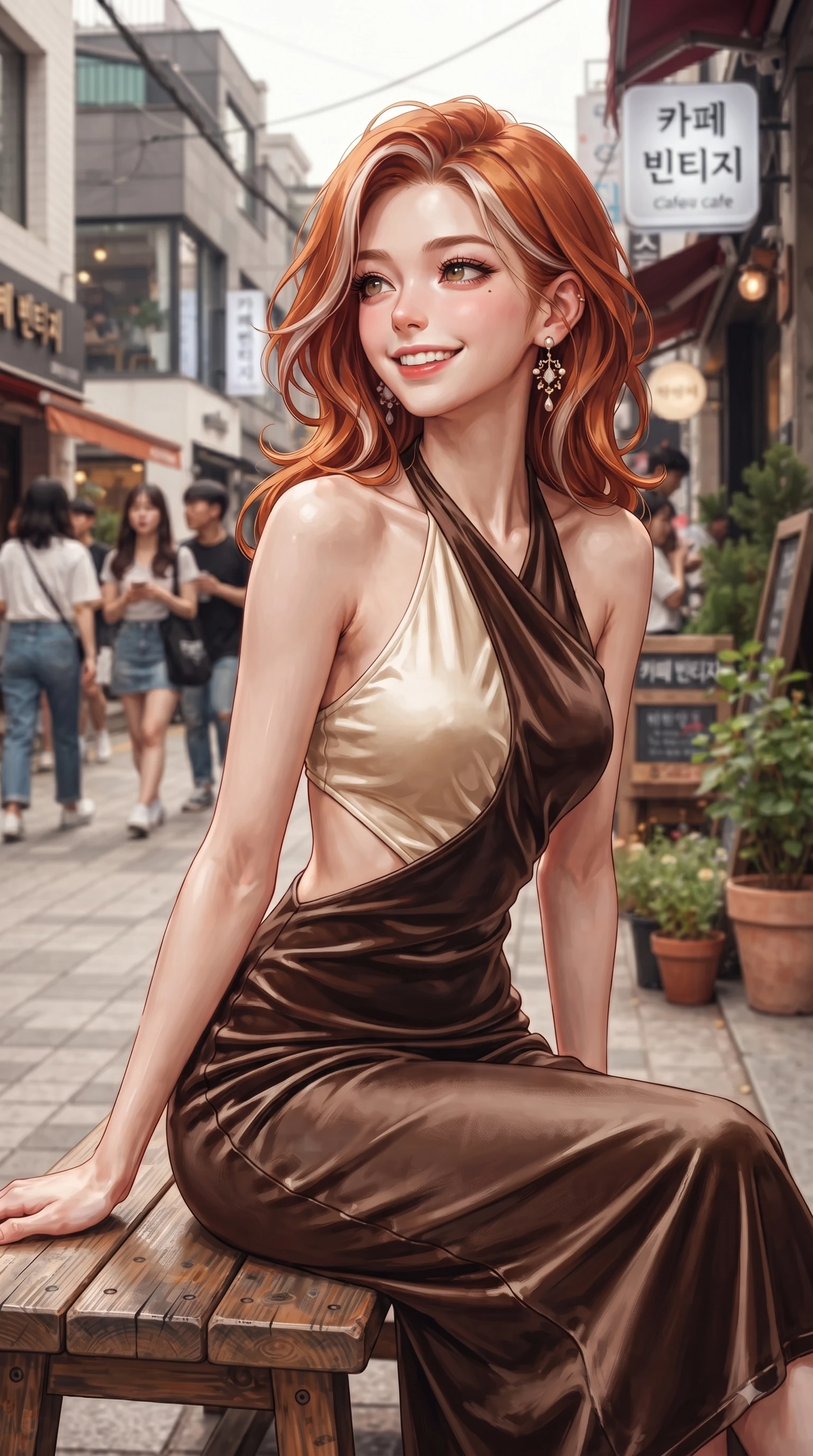 score_9, masterpiece, best quality, ultra-detailed, high-budget anime keyframe, editorial fashion photography, tasteful artistic composition, Caucasian woman. close-up cowboy shot from the waist and thighs up, the character dominates the composition, filling the frame with her large presence, background elements kept in soft focus. Radiant youthful grin reflecting college charm while casting a playful, joyful side-gaze with heavy lashes while resting on a wooden bench outside a hipster cafe on a bustling Seoul fashion street, young stylish crowds and chic architecture creating a lively college town atmosphere. She has an exceptionally elegant, slender, and willowy female figure with an ultra-slim waist, a gracefully sculpted slender torso, and a refined silhouette. sharp v-shaped jawline, high-bridge nose, intricate jewel-like eyes with depth, thick eyelashes, glossy lips with a natural sheen, flawlessly proportioned anatomical accuracy, natural body alignment, perfectly sculpted elegant limbs, clean dynamic posture without body distortion. wearing a velvet halter-neck midi dress following her form like a glove in espresso brown and warm cream, crafted from lustrous satin jersey with fluid draping, featuring clean architectural cutouts along her slender torso, the form-contouring material highlighting her ultra-slim waist and long lines. surrounded by a lively, trendy street aura with rich specular highlights. ultra-reflective glossy finish, specular highlights, metallic sheen, high-contrast stereoscopic depth, volumetric dynamic lighting, 2k, ultra detail, master piece, 9:16 ratio