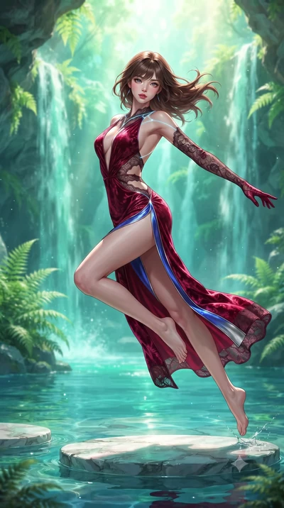 score_9, masterpiece, best quality, ultra-detailed, high-budget anime keyframe, editorial fashion photography, tasteful artistic composition, Korean woman. low angle full-body shot from head to toe showing her feet, filling the entire 9:16 vertical f