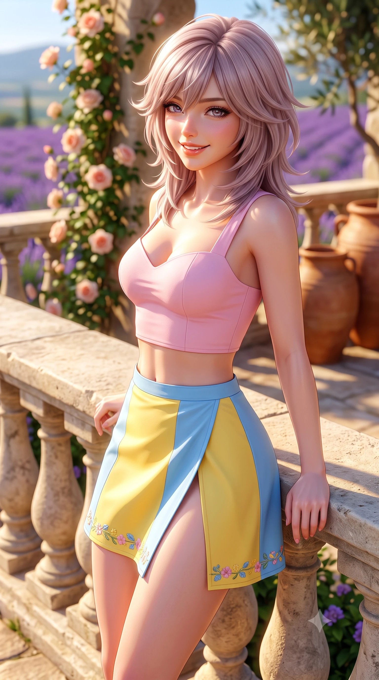 score_9, masterpiece, best quality, ultra-detailed, high-budget anime keyframe, semi-realistic 3D game render, editorial fashion photography, tasteful artistic composition, Japanese woman. close-up cowboy shot from the waist and thighs up, the character dominates the composition, filling the frame with her large presence. leaning back against the sunlit railing with relaxed seductive grace, her flat midriff and narrow waist highlighted as she smiles brightly with bewitching eyes while leaning against a sun-warmed stone balustrade with hips cocked back, looking over her shoulder with an intoxicating, sun-dazed bedroom-gaze. The composition keeps background elements in soft focus with dreamy creamy bokeh. climbing climbing roses and terracotta olive jars softened in romantic French shallow focus. She has an exceptionally elegant, slender, and willowy female figure with an ultra-slim waist, flat toned midriff, narrow ribcage, and sculpted feminine hips creating an alluring, slim hourglass silhouette without bulk. sharp v-shaped jawline, high-bridge nose, intricate jewel-like sparkling eyes with depth, thick eyelashes, glossy parted lips with a natural peach sheen, bright cheerful beaming smile with an enchanting and coquettish sensual glint, exuding both youthful cute charm and seductive allure, flawlessly proportioned anatomical accuracy, strict slender model proportions, natural body alignment, perfectly sculpted long slender limbs, ultra-slim waistline, clean dynamic posture without body distortion. wearing a sweetheart-neckline baby-pink crop top with a high-slit wrap mini skirt accentuating her waist-to-hip curve in sunny daffodil yellow and clear sky blue, tailored from crisp cotton poplin with clean structural lines, complemented by delicate embroidered floral trim along the hem, the liquid-tight tailored fabric clinging flawlessly to her narrow waist and rounded feminine hips, emphasizing every millimeter of her sculpted slim hourglass curves without any bulky heaviness. bathed in brilliant golden hour southern French sunlight streaming across the purple hillside. highly saturated vibrant anime colors, detailed shading with soft gradients, rich glossy textures, high-contrast stereoscopic depth, volumetric dynamic lighting, master piece, 9:16 ratio