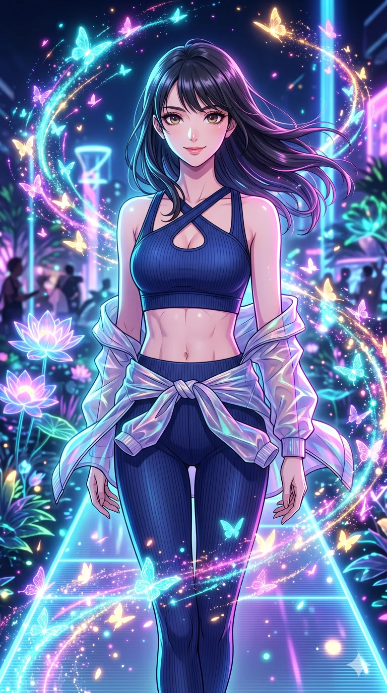score_9, masterpiece, best quality, ultra-detailed, High-budget Anime Keyframe, vibrant colors, fluid line-art, expressive lighting, cinematic composition, Ufotable-style visual effects, top-tier animation quality, Japanese woman with delicate and elegant anime-inspired features. Upper body close-up from the thighs up, character filling the screen for maximum presence. Surrounded by a swarm of digital butterflies that leave trails of neon dust. She has an absolutely perfect 8-heads proportion, an exceptionally tall and slender female figure with impossibly long slender legs and an ultra-slim waist, her statuesque height and towering silhouette dominating the vertical 9:16 frame. Her face is a masterpiece featuring a sharp v-shaped jawline, high-bridge nose, intricate jewel-like eyes with depth, thick eyelashes, and glossy lips with a natural sheen. She is wearing a Premium ribbed leggings with a matching cross-back sports bra, semi-transparent windbreaker tied around the waist, and an exposed midriff.. The scene is set in a digital garden filled with holographic lotus flowers and neon butterflies. 2k, ultra detail, master piece, 9:16 ratio