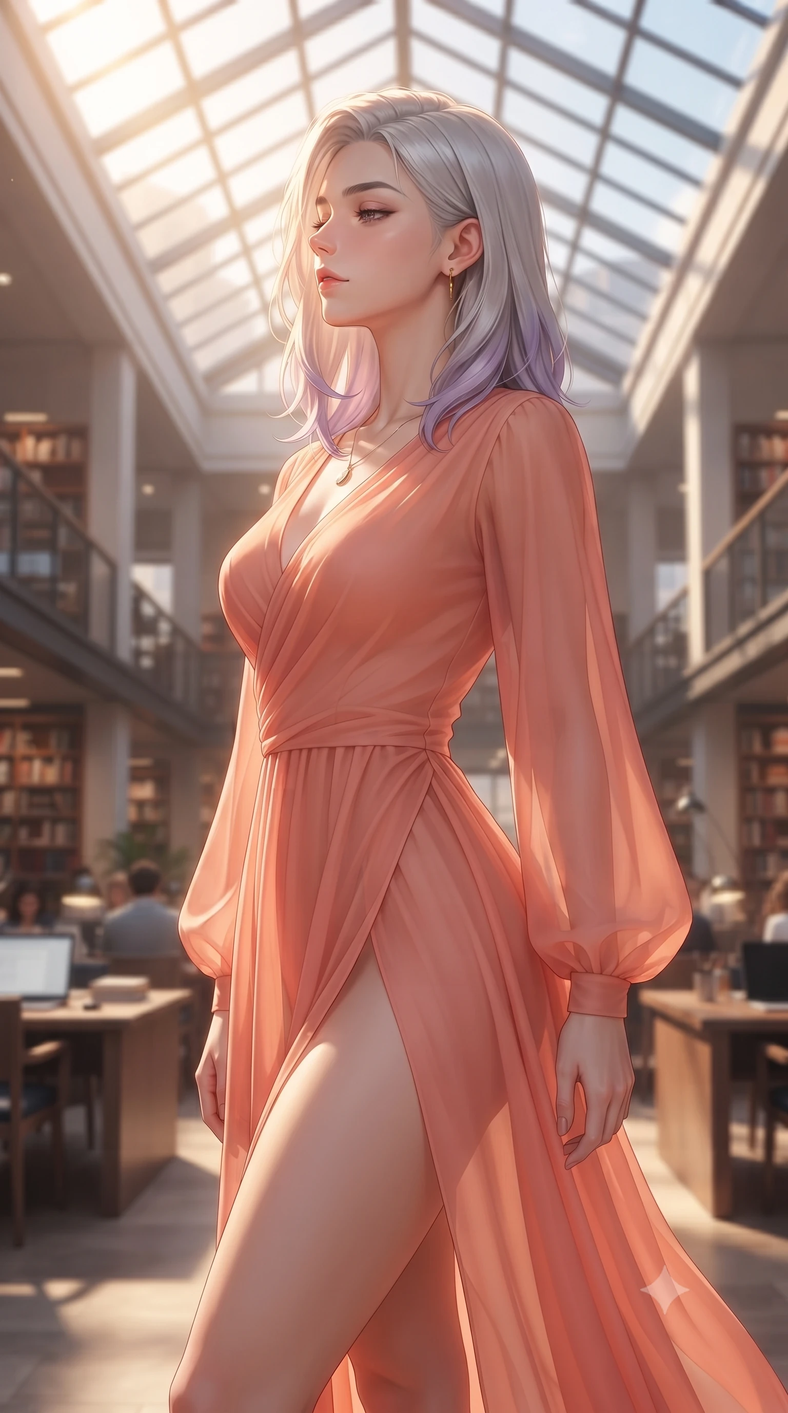 score_9, masterpiece, best quality, ultra-detailed, high-budget anime keyframe, editorial fashion photography, tasteful artistic composition, Caucasian woman woman. close-up cowboy shot from the waist and thighs up, the character dominates the composition, filling the frame with her large presence, background elements kept in soft focus. turning her face in profile to catch the warm sunlight on her cheek, eyes softly closed the background shows a soft-focus a grand modern library with high ceilings, glass roofs, and study areas in soft focus. She has an exceptionally elegant, slender, and willowy female figure with an ultra-slim waist, a gracefully sculpted slender torso, and a refined silhouette. sharp v-shaped jawline, high-bridge nose, intricate jewel-like eyes with depth, thick eyelashes, glossy lips with a natural sheen. wearing a form-contouring high-slit sheer chiffon resort dress in soft coral, revealing the contours of her athletic build through the fabric. soft diffused daylight filling the large, peaceful interior space. ultra-reflective glossy finish, specular highlights, metallic sheen, high-contrast stereoscopic depth, volumetric dynamic lighting, 2k, ultra detail, master piece, 9:16 ratio