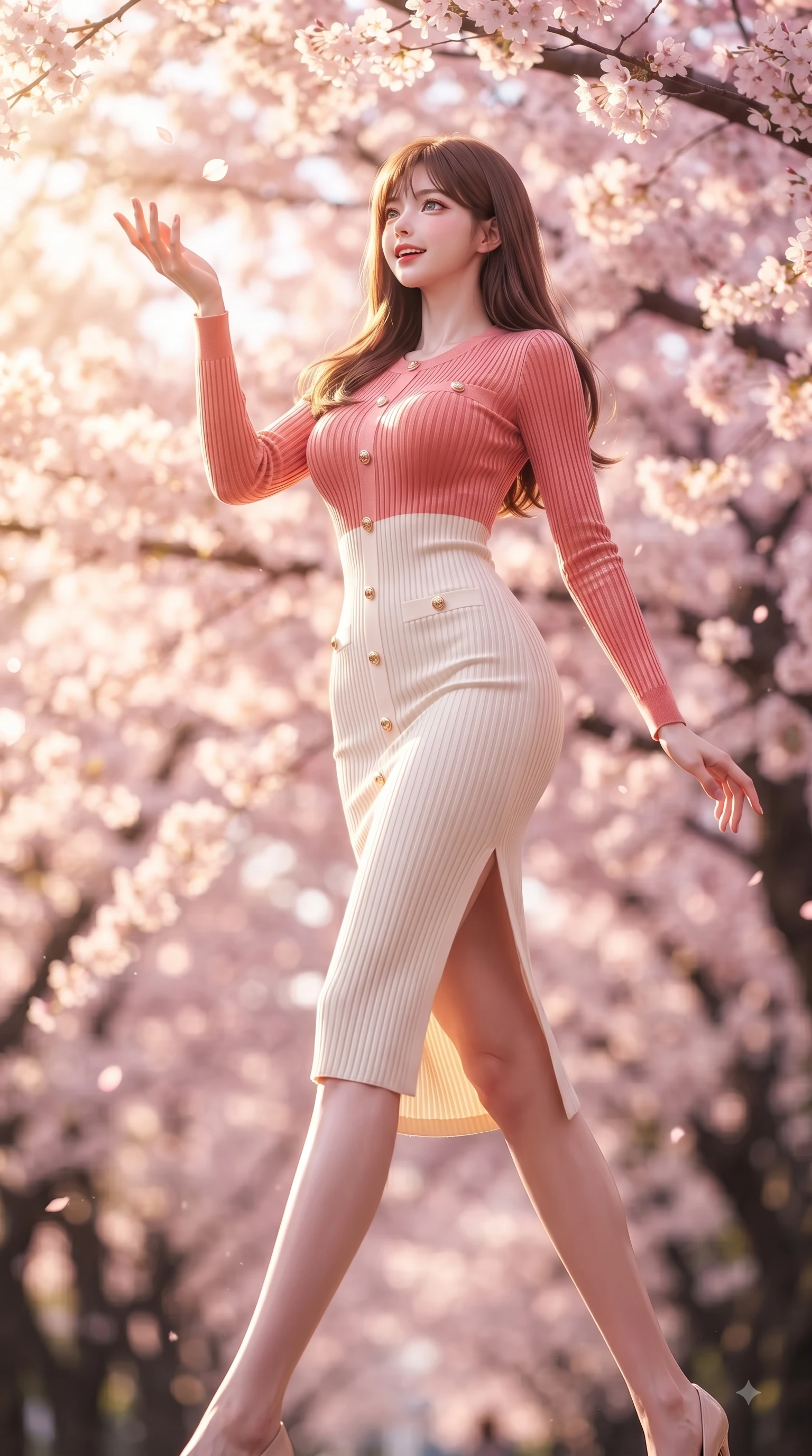 score_9, masterpiece, best quality, ultra-detailed, high-budget anime keyframe, editorial fashion photography, tasteful artistic composition, Korean woman. low angle full-body shot from head to toe showing her feet, filling the entire 9:16 vertical frame with her statuesque presence, stretching her vertical silhouette. stepping forward gracefully in mid-motion with a delighted cute expression, displaying her statuesque model proportions while reaching her hand up playfully to catch a floating blossom petal in mid-air. The composition keeps background elements in soft focus with dreamy bokeh. dense cherry blossom canopies blurring into a dreamy glowing pink and white bokeh backdrop. She has an absolutely perfect, statuesque 8.5-heads proportion, an exceptionally tall and slender model-like female figure with impossibly long slender legs and an ultra-slim waist. sharp v-shaped jawline, high-bridge nose, intricate jewel-like eyes with depth, thick eyelashes, glossy lips with a natural sheen, flawlessly proportioned anatomical accuracy, natural body alignment, perfectly sculpted elegant limbs, clean dynamic posture without body distortion. wearing a form-fitting ribbed knit midi dress with a tasteful side leg slit in vibrant coral pink and pure ivory, made of lustrous stretch velvet, adorned with delicate gold buttons along the front, the tailored fabric tightly following every curve of her athletic build. bathed in bright morning sunbeams and warm golden sakura backlighting. ultra-reflective glossy finish, specular highlights, metallic sheen, high-contrast stereoscopic depth, volumetric dynamic lighting, 2k, ultra detail, master piece, 9:16 ratio