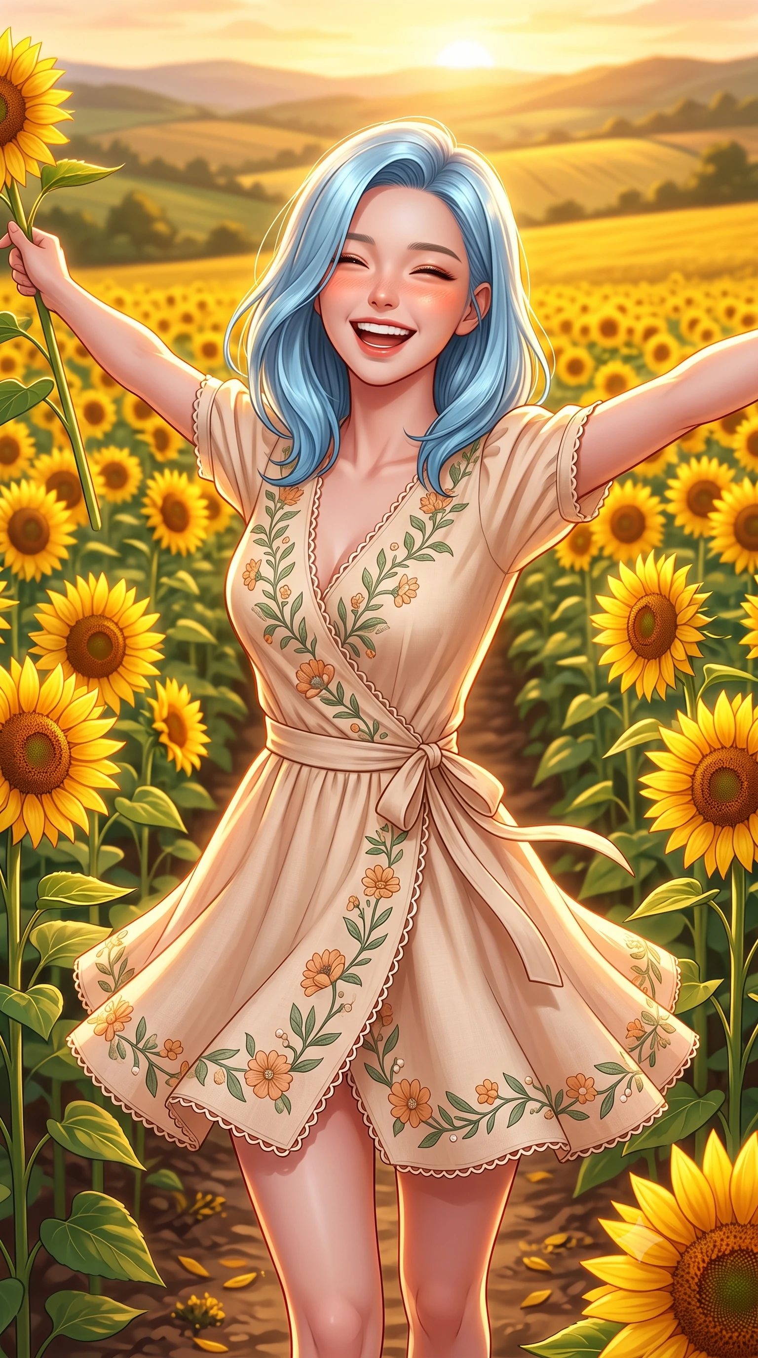 score_9, masterpiece, best quality, ultra-detailed, high-budget anime keyframe, semi-realistic 3D game render, editorial fashion photography, tasteful artistic composition, Korean woman. close-up cowboy shot from the waist and thighs up, the character dominates the composition, filling the frame with her large presence. laughing cheerfully with genuine delight, eyes crinkling sweetly as natural golden sunlight illuminates her glowing cheeks while stretching her arms out wide in the golden flower field, embracing the warm summer breeze with pure girlhood delight. The surrounding environment is rendered in vivid detail and crisp panoramic clarity. intricate sunflower petals, golden pollen details, and textured soil pathways rendered in deep focus. She has an exceptionally elegant, slender, and willowy female figure with an ultra-slim waist, a gracefully sculpted slender torso, toned flat midriff, and a refined slim silhouette. sharp v-shaped jawline, high-bridge nose, intricate jewel-like eyes with depth, thick eyelashes, glossy lips with a natural sheen, pure and lovely fresh girlhood expression, flawlessly proportioned anatomical accuracy, strict slender model proportions, natural body alignment, perfectly sculpted long slender limbs, ultra-slim waistline, clean dynamic posture without body distortion. wearing a romantic wrap-style linen sundress with subtle botanical embroidery and a dainty waist tie in warm apricot and sage green, tailored from crisp organic cotton poplin, finished with delicate scallop trims and tiny pearl buttons, the tailored casual silhouette highlighting her fresh and youthful presence and perfectly proportioned slender frame. bathed in gorgeous warm golden hour sunset backlighting creating a glowing rim light along her hair and figure. highly saturated vibrant anime colors, detailed shading with soft gradients, rich glossy textures, high-contrast stereoscopic depth, volumetric dynamic lighting, master piece, 9:16 ratio