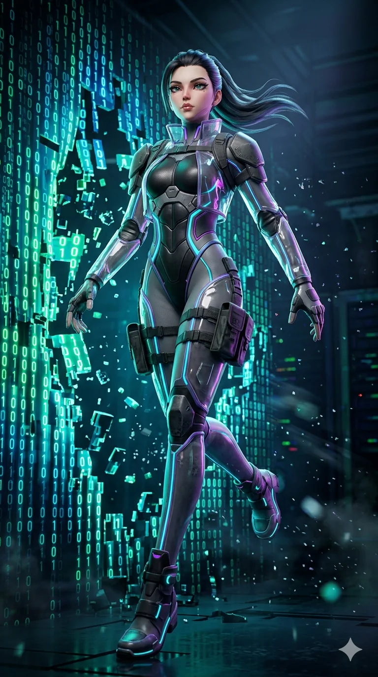 score_9, masterpiece, best quality, ultra-detailed, semi-realistic 3D game render, high-fidelity textures, Unreal Engine 5 style, Caucasian (strictly human ears) anime girl. Dynamic full-body shot stretching the vertical silhouette with extreme perspective. escaping a digital prison by breaking through walls of binary. She has an absolutely perfect 8-heads proportion, an exceptionally tall and slender female figure with an ultra-slim waist and impossibly long slender legs. strictly human anatomy, two legs only, no extra limbs, clearly defined legs and arms, perfect anatomy, perfect hands and fingers. sharp v-shaped jawline, high-bridge nose, intricate jewel-like eyes, thick eyelashes, glossy lips. Wearing Tech-Fantasy: Cybernetic tech-suit with glowing seams, translucent PVC over leotard, and modular tactical gear. The scene is illuminated by dramatic atmospheric lighting and vibrant color palettes. , 2k, ultra detail, master piece, 9:16 ratio
