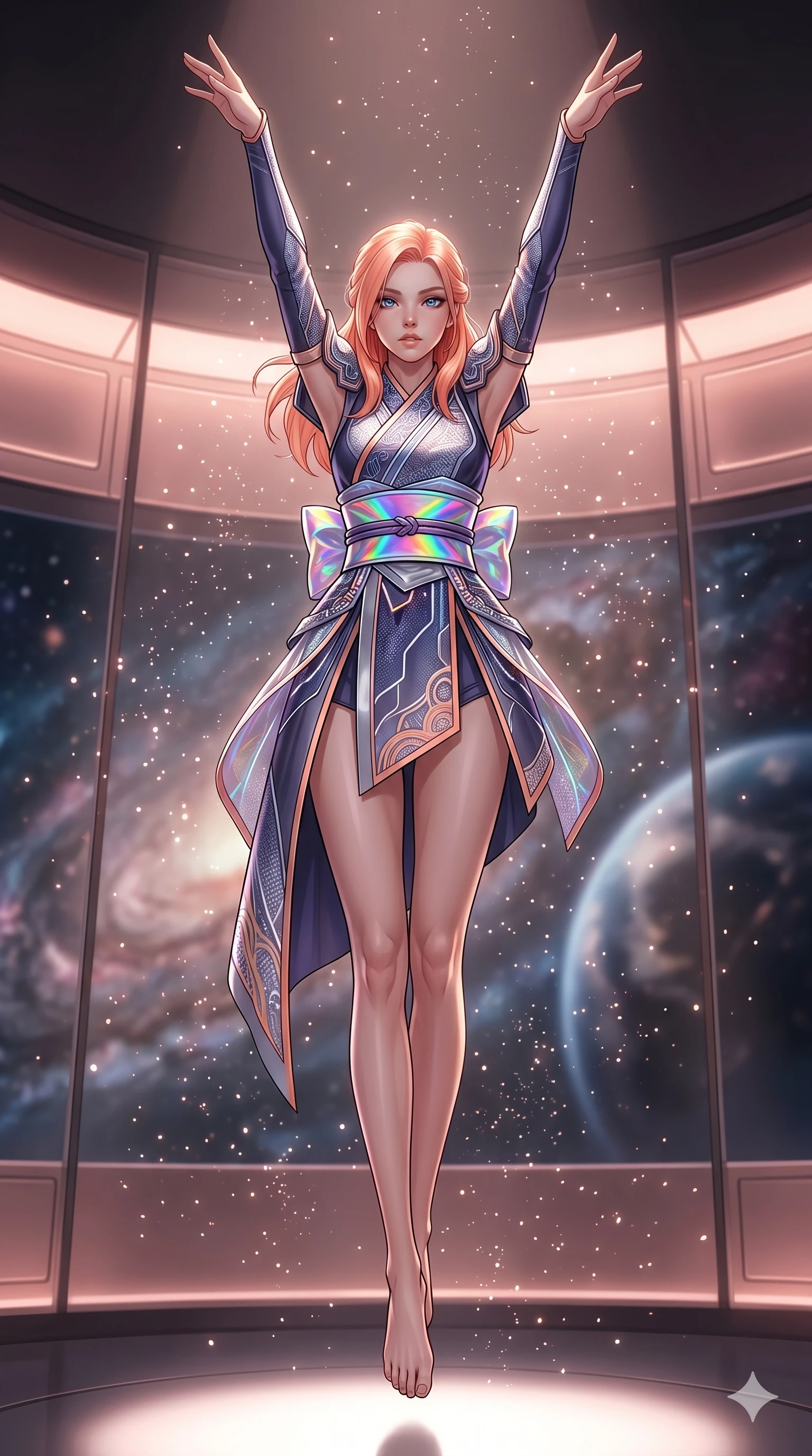 score_9, masterpiece, best quality, ultra-detailed, high-budget anime keyframe, editorial fashion photography, tasteful artistic composition, Japanese woman. low angle full-body shot from head to toe showing her feet, filling the entire 9:16 vertical frame with her statuesque presence, stretching her vertical silhouette. Leaping dynamically upward with both arms extended overhead, her long legs stretching the vertical frame within an orbital lounge featuring a curved glass wall and soft rose-gold ambient lighting, as thousands of micro-particles of light dance in the air. She has an absolutely perfect 8-heads proportion, an exceptionally tall and slender female figure with impossibly long slender legs and an ultra-slim waist. V-shaped jawline, high-bridge nose, intricate jewel-like eyes with depth, thick eyelashes, glossy lips with a natural sheen. wearing a modern cyber-hanbok dress with holographic obi belt and an asymmetric high-cut hemline. under high-contrast theatrical lighting with a spotlight highlighting her face and shoulders. 2k, ultra detail, master piece, 9:16 ratio