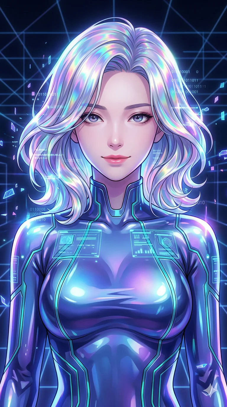 score_9, masterpiece, best quality, ultra-detailed, high-budget anime keyframe, an incredibly beautiful Korean woman. Medium shot of upper body focusing on her cute features and her holographic-silver hair that shifts through all colors of the prism, filling the vertical 9:16 frame. She is a virtual reality entity. She has a towering and slender figure with an absolutely perfect 8-heads proportion. She is wearing a skin-tight liquid metal bodysuit. A digital void with glowing grid lines and data fragments, radiant lighting, 2k, ultra detail, master piece, 9:16 ratio