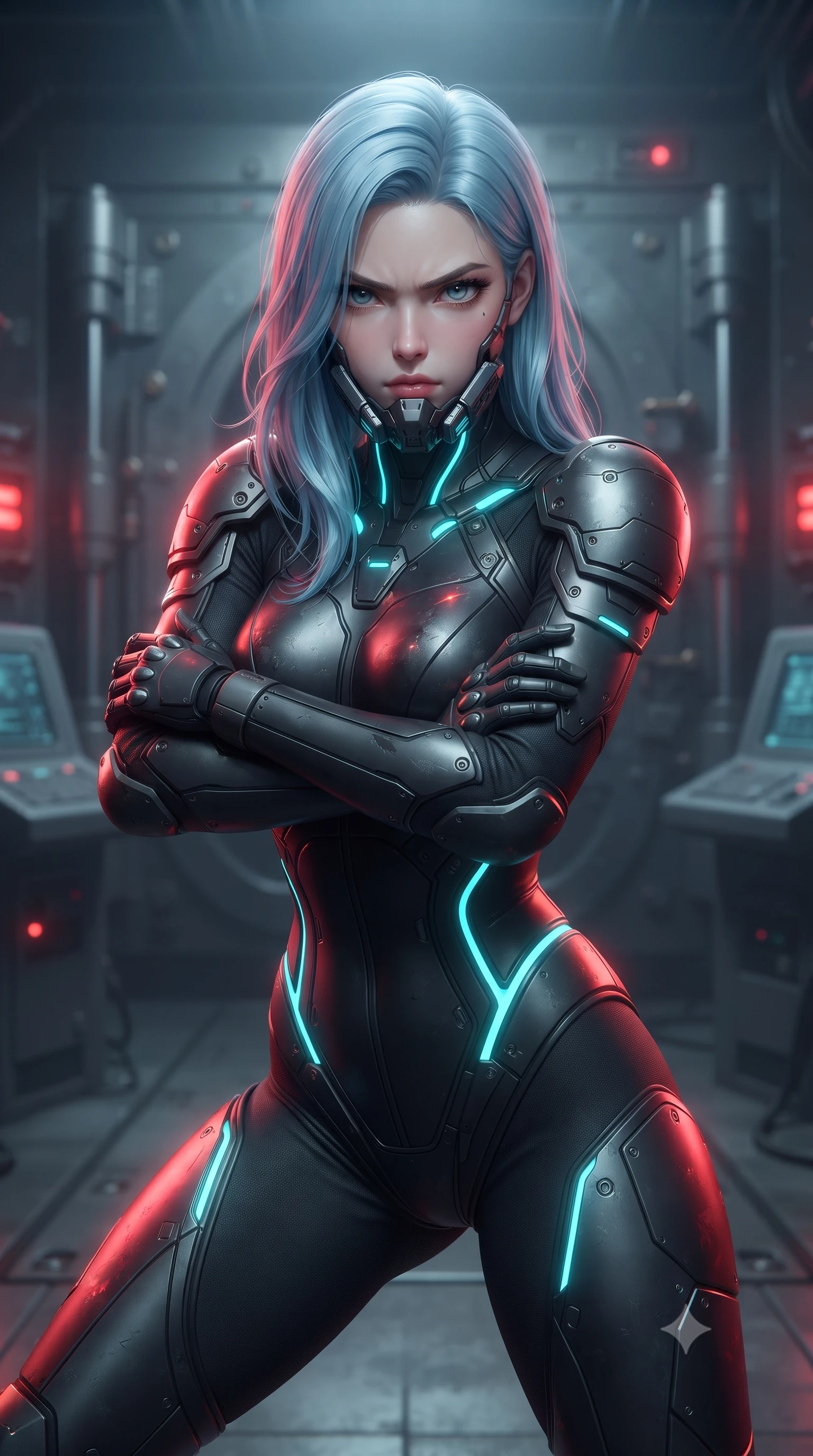 score_9, masterpiece, best quality, ultra-detailed, high-budget anime keyframe, editorial fashion photography, tasteful artistic composition, Korean woman. close-up cowboy shot from the waist and thighs up, the character dominates the composition, filling the frame with her large presence. shifting into a low cat-stance with arms crossed defensively, glowing energy conduits tracing her ultra-slim waist and sculpted clavicle while breaching the blast doors of a fortified underground bunker as pulsating red radioactive hazard beacons wash over her sculpted cuirass. The composition keeps background elements in soft focus with creamy bokeh. heavy vault door mechanisms and security terminal consoles softened in moody atmospheric depth. She has an exceptionally elegant, slender, and willowy female figure with an ultra-slim waist, a gracefully sculpted slender torso, toned flat midriff, and a refined slim silhouette. sharp v-shaped jawline, high-bridge nose, intricate jewel-like eyes with depth, thick eyelashes, glossy lips with a natural sheen, fierce and resolute heroine expression, flawlessly proportioned anatomical accuracy, strict slender model proportions, natural body alignment, perfectly sculpted long slender limbs, ultra-slim waistline, clean dynamic posture without body distortion. wearing a sleek titanium half-face combat rebreather guard protecting her lower jaw while leaving her expressive eyes and long hair flowing freely, paired with a heavy modular carbon-fiber combat cuirass paired with a second-skin tactical leotard and reinforced titanium shoulder pauldrons in matte battle-worn obsidian carbon with electric cyan hazard conduits, made of liquid carbon-jersey fabric accentuating every curve of her tall, slender model proportions, accented with glowing fiber-optic telemetry conduits tracing her collarbones and hip curves, the glove-like aerodynamic second-skin fit tightly clinging to her ultra-slender waist and athletic curves without adding bulk, accentuating her razor-sharp statuesque lines and slim hourglass silhouette. illuminated by sharp specular highlights tracing her ultra-slim waist, long legs, and sculpted armor plates. ultra-reflective glossy finish, specular highlights, dark metallic sheen, high-contrast stereoscopic depth, volumetric dynamic lighting, 2k, ultra detail, master piece, 9:16 ratio