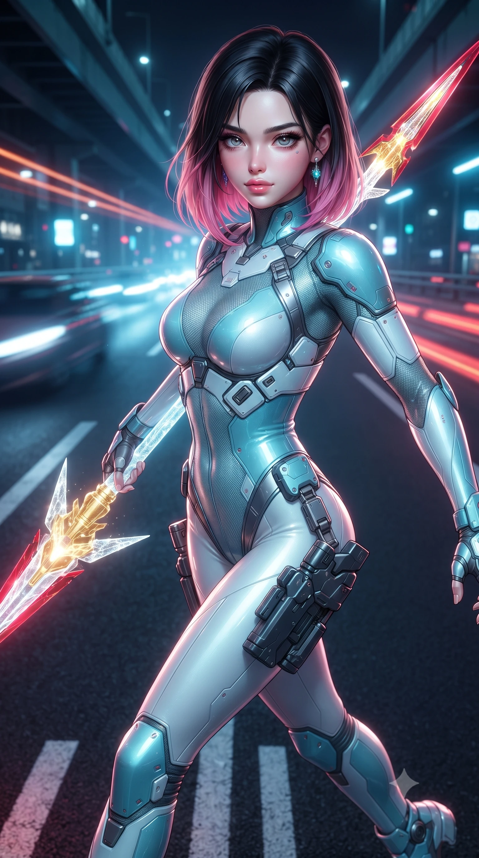 score_9, masterpiece, best quality, ultra-detailed, high-budget anime keyframe, editorial fashion photography, tasteful artistic composition, Korean woman. close-up cowboy shot from the waist and thighs up, the character dominates the composition, filling the frame with her large presence. twisting her upper body in a dynamic S-curve combat stance, one hand steadying her weapon with commanding supermodel allure while striding commanding down an elevated neon-lit expressway as autonomous cyber-traffic speeds past in blurred light trails. The surrounding environment is rendered in vivid detail and crisp panoramic clarity. razor-sharp glowing crimson blade edges, detailed carbon-weave armor textures, and asphalt markings in deep focus. She has an exceptionally elegant, slender, and willowy female figure with an ultra-slim waist, a gracefully sculpted slender torso, toned flat midriff, and a refined slim silhouette. sharp v-shaped jawline, high-bridge nose, intricate jewel-like eyes with depth, thick eyelashes, glossy lips with a natural sheen, flawlessly proportioned anatomical accuracy, strict slender model proportions, natural body alignment, perfectly sculpted long slender limbs, ultra-slim waistline, clean dynamic posture without body distortion. wearing an ultra-sleek glacial-cyan and white carbon-mesh combat bodysuit with frost-resistant plating, holding a glowing high-frequency cryo-energy spear with commanding poise in arctic white carbon composite with radiant solar gold plating, crafted from semi-translucent cybernetic carbon-vinyl interwoven with glowing micro-filaments, detailed with magnetic weapon holsters and polished chrome connection clasps, the liquid-tight tailored fabric emphasizing every curve of her tall, slender model proportions and sculptured silhouette during dynamic movement. illuminated by sharp specular highlights tracing her ultra-slim waist, long legs, and sculpted armor plates. ultra-reflective glossy finish, specular highlights, dark metallic sheen, high-contrast stereoscopic depth, volumetric dynamic lighting, 2k, ultra detail, master piece, 9:16 ratio
