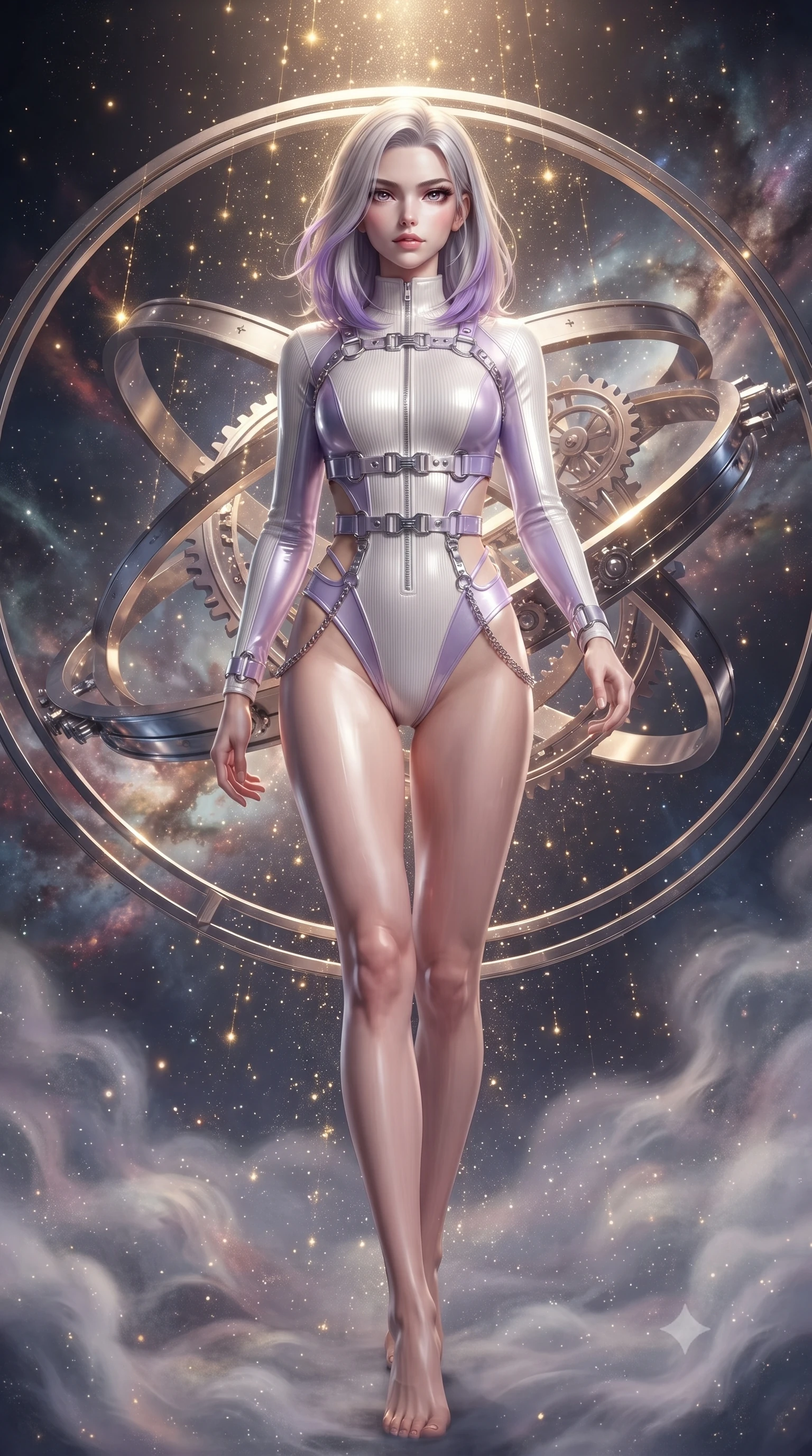 score_9, masterpiece, best quality, ultra-detailed, high-budget anime keyframe, editorial fashion photography, tasteful artistic composition, Caucasian woman. low angle full-body shot from head to toe showing her feet, filling the entire 9:16 vertical frame with her statuesque presence, stretching her vertical silhouette. forging confidently through the floating crystal mist, holding a poised statuesque stance, poised within a floating armillary sphere surrounded by swirling nebula dust, starlight particles falling like a golden shower around her silhouette. She has an absolutely perfect, statuesque 8.5-heads proportion, an exceptionally tall and slender model-like female figure with impossibly long slender legs and an ultra-slim waist. sharp v-shaped jawline, high-bridge nose, intricate jewel-like eyes with depth, thick eyelashes, glossy lips with a natural sheen. wearing sleek high-neck ribbed activewear bodysuit in pearl white in pastel lavender violet, made of high-gloss liquid pearl vinyl, framed by polished silver buckles and delicate chain details, sculpting her athletic slender build with refined precision. surrounded by a glowing aura of starlight and shimmering celestial rays. ultra-reflective glossy finish, specular highlights, metallic sheen, high-contrast stereoscopic depth, volumetric dynamic lighting, 2k, ultra detail, master piece, 9:16 ratio