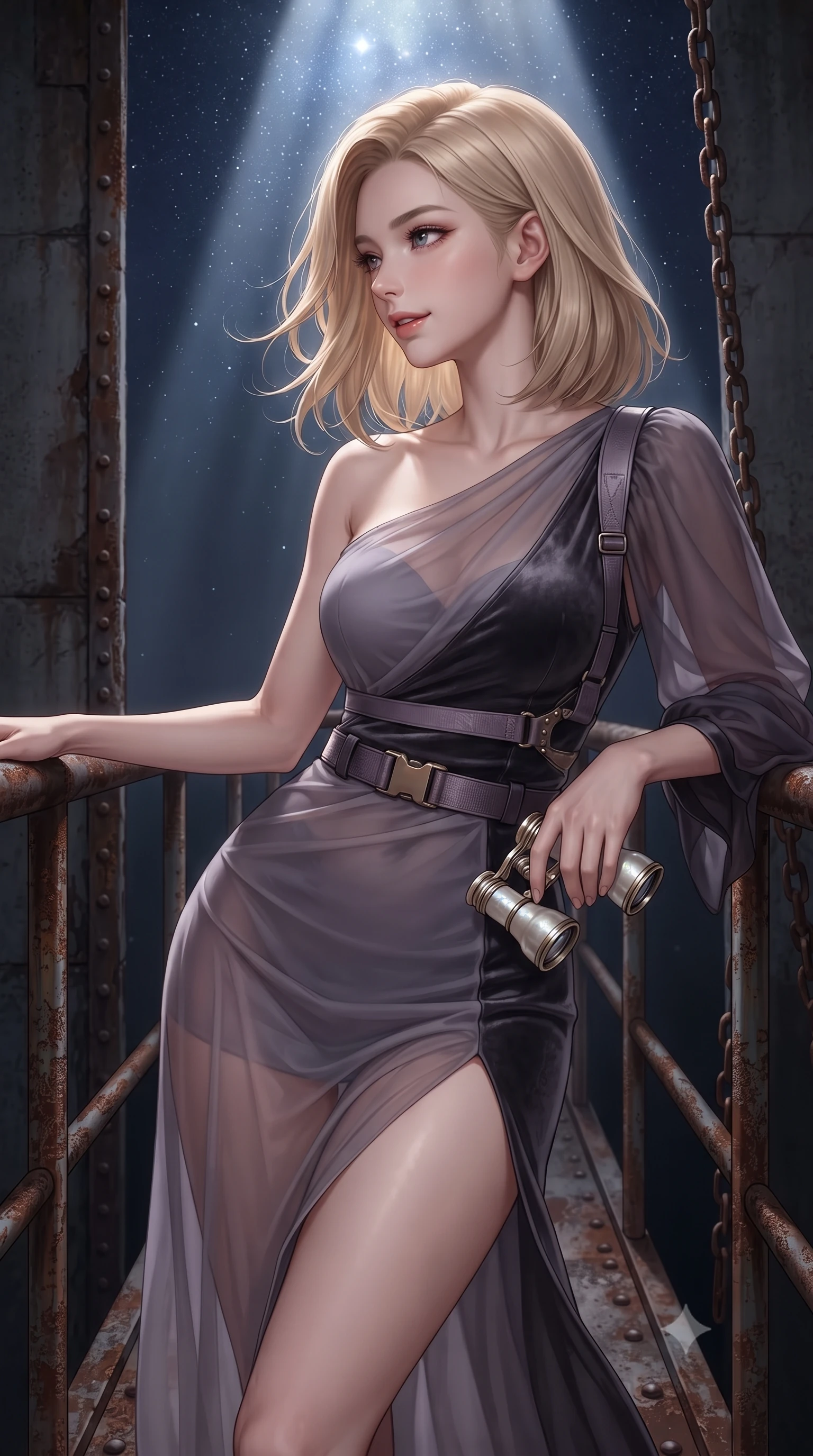 score_9, masterpiece, best quality, ultra-detailed, high-budget anime keyframe, editorial fashion photography, tasteful artistic composition, Korean woman. close-up cowboy shot from the waist and thighs up, the character dominates the composition, filling the frame with her large presence. turning slowly with an enchanting smoldering smile, her glossy hair tossing in the breeze as her hips angle gracefully in a captivating contrapposto while leaning against the rusty iron handrail with hips cocked back, looking into the darkness with a smoldering, dangerous bedroom-gaze. The surrounding environment is rendered in vivid detail and crisp panoramic clarity: sharp weathered concrete surface texture, riveted iron catwalk joints, and rusted chain links in deep focus. She has an exceptionally elegant, slender, and willowy female figure with an ultra-slim waist, flat toned midriff, narrow ribcage, and sculpted feminine hips creating an alluring, slim hourglass silhouette without bulk. sharp v-shaped jawline, high-bridge nose, sparkling eyes with hypnotic seductive depth, thick curled eyelashes, glossy parted lips with a natural dewy peach sheen, alluring bedroom-eyes with an enchanting coquettish smile, exuding magnetic siren charisma and sophisticated glamour, flawlessly proportioned anatomical accuracy, strict slender model proportions, natural body alignment, perfectly sculpted long slender limbs, ultra-slim waistline, clean dynamic posture without body distortion. wearing an asymmetric one-shoulder tactical compression mini dress with a dramatic hip-high slit and utility harness belt in dusky lavender mist and dark charcoal velvet, made of sheer gossamer chiffon that drapes softly against skin with airy translucence, accented with an antique mother-of-pearl opera glass held casually in one hand, the liquid-tight tailored fabric clinging flawlessly to her narrow waist and rounded feminine hips, emphasizing every millimeter of her sculpted slim hourglass curves without any bulky heaviness. bathed in a dramatic shaft of celestial starlight and moonlight descending straight down the center of the tower. ultra-reflective glossy finish, specular highlights, rich textural contrasts, high-contrast stereoscopic depth, volumetric dynamic lighting, 2k, ultra detail, master piece, 9:16 ratio