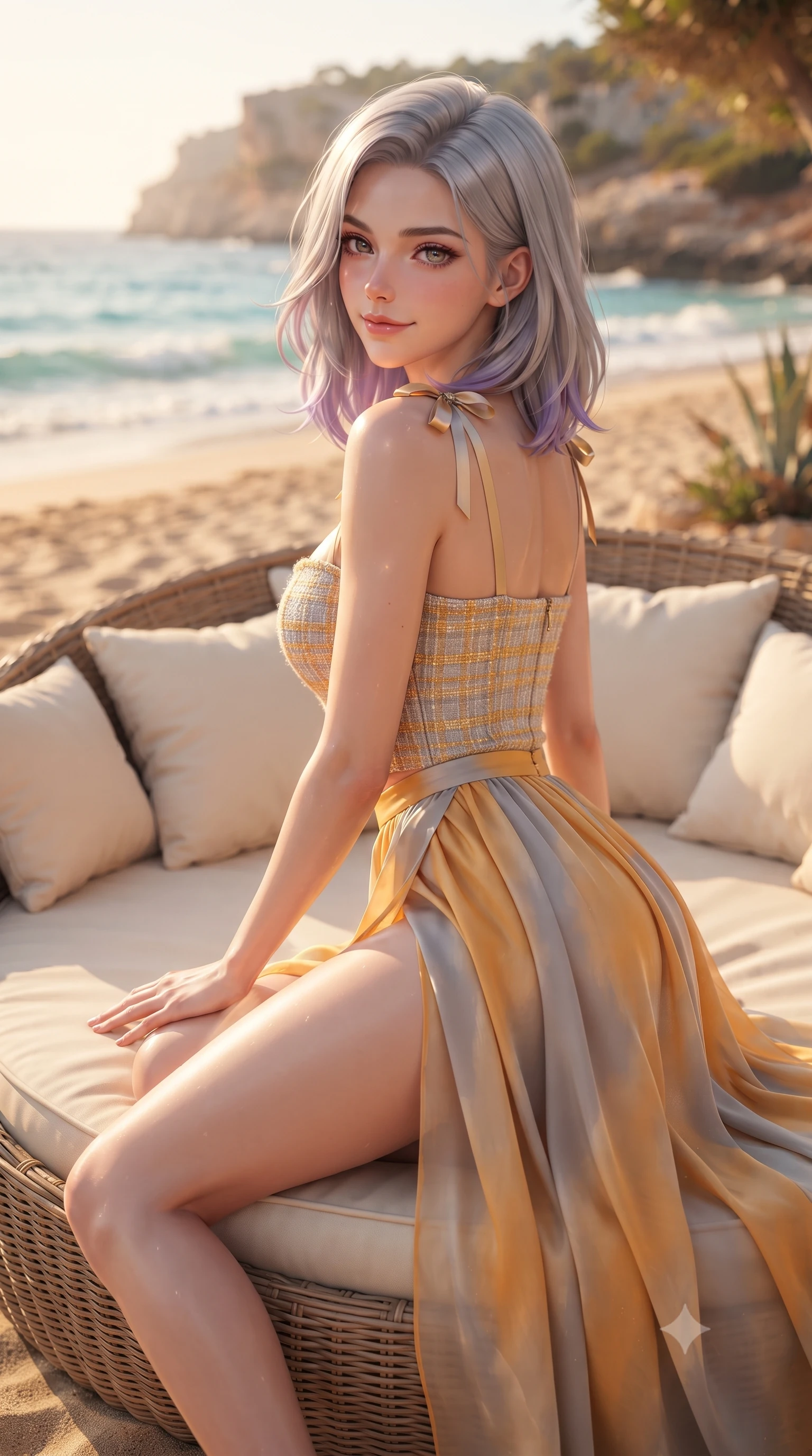 score_9, masterpiece, best quality, ultra-detailed, high-budget anime keyframe, editorial fashion photography, tasteful artistic composition, Caucasian woman. close-up cowboy shot from the waist and thighs up, the character dominates the composition, filling the frame with her large presence. posing in an alluring rear three-quarter angle, turning over a bare shoulder with an intoxicating sunlit gaze, her hips cocked back to highlight her slim hourglass curve while lounging across an oversized circular rattan daybed surrounded by cream cushions, displaying her long slender limbs and toned curves with carefree allure. The composition keeps background elements in soft focus with dreamy creamy bokeh. golden sandy beach coves and shimmering Balearic sea waves blurred into warm apricot, sand, and turquoise bokeh. She has an exceptionally elegant, slender, and willowy female figure with an ultra-slim waist, flat toned midriff, narrow ribcage, and sculpted feminine hips creating an alluring, slim hourglass silhouette without bulk. sharp v-shaped jawline, high-bridge nose, sparkling amber-hazel eyes with depth, long lush eyelashes, glossy sun-kissed lips with a warm coral glaze, radiant teasing smile with sensual sunlit bedroom-eyes, exuding effortless old-money elegance and intoxicating sun-drenched allure, flawlessly proportioned anatomical accuracy, strict slender model proportions, natural body alignment, perfectly sculpted long slender limbs, ultra-slim waistline, clean dynamic posture without body distortion. wearing a flowing high-slit silk chiffon resort skirt paired with an architectural bustier top framing her flat midriff in rich saffron amber and soft dove grey, tailored from soft pastel resort tweed with subtle gold thread shimmer, finished with cute satin bow ribbons tying at the shoulders, the high-waisted tailoring accentuating her ultra-slim waistline and the enchanting curve of her feminine hips with alluring sunlit charm. bathed in the warm, dreamy amber-peach glow of the setting Balearic sun. ultra-reflective glossy finish, specular highlights, rich textural contrasts, high-contrast stereoscopic depth, volumetric dynamic lighting, 2k, ultra detail, master piece, 9:16 ratio