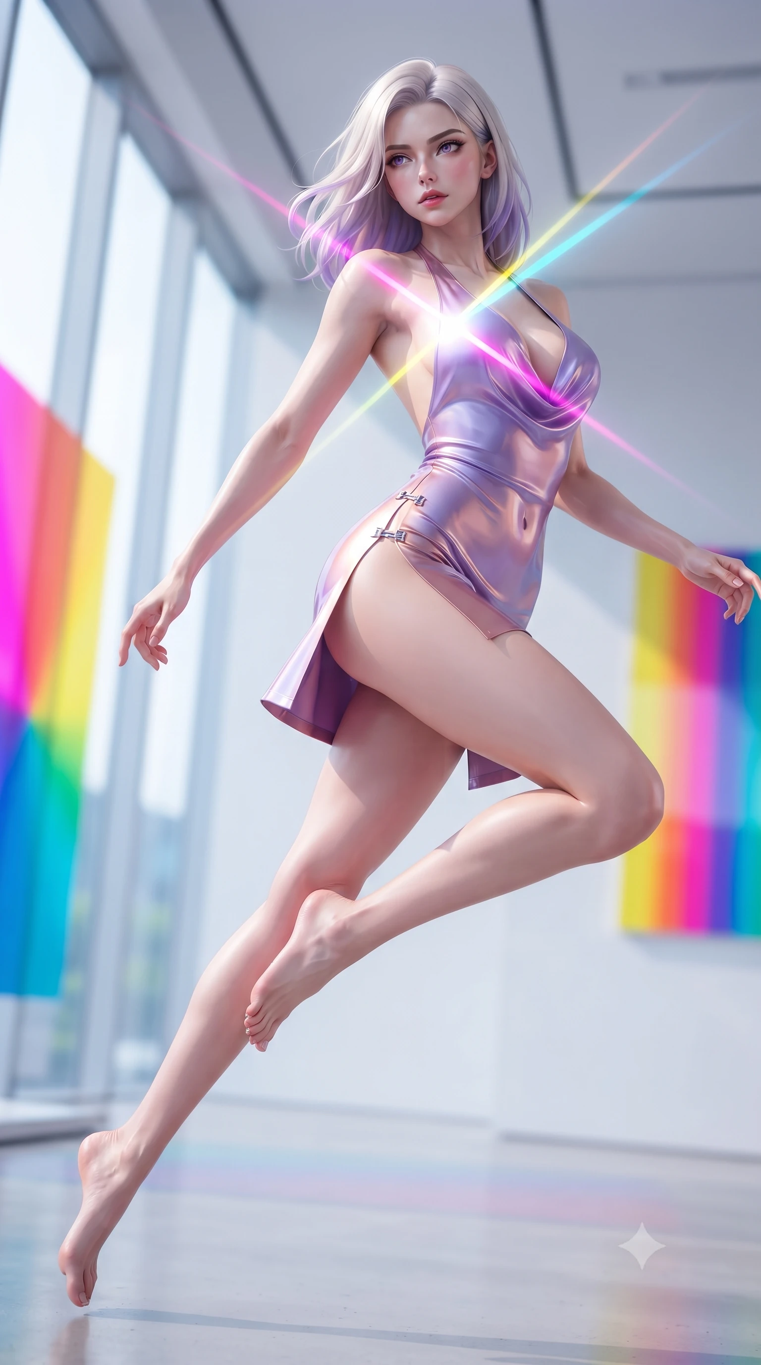 score_9, masterpiece, best quality, ultra-detailed, high-budget anime keyframe, editorial fashion photography, tasteful artistic composition, Caucasian woman. low angle full-body shot from head to toe showing her feet, filling the entire 9:16 vertical frame with her statuesque presence, stretching her vertical silhouette. leaping through mid-air with an athletic yet alluring arch of her spine, her impossibly long slender legs stretched in flawless poise while twisting her upper body in a dynamic S-curve as brilliant magenta, cyan, and yellow prism beams cross her chest. The surrounding environment is rendered in vivid detail and crisp panoramic clarity. vivid high-saturation spectrum colors and high-key white daylight rendered with environmental sharpness. She has an absolutely perfect, statuesque 8.5-heads proportion, an exceptionally tall and slender model-like female figure with impossibly long slender legs, a toned flat midriff, and an ultra-slim waist. sharp v-shaped jawline, high-bridge nose, intricate jewel-like eyes with depth, thick eyelashes, glossy lips with a natural sheen, flawlessly proportioned anatomical accuracy, strict slender model proportions, natural body alignment, perfectly sculpted long slender limbs, ultra-slim waistline, clean dynamic posture without body distortion. wearing a form-contouring liquid satin halter-neck mini dress with a deep crossover cowl front, open back, and ultra-slender waist drape in luminous lavender violet and rose gold, crafted from ultra-reflective second-skin latex with a high-gloss glass-like polish, finished with an ultra-high side slit secured by miniature magnetic clasps, the liquid-tight tailored fabric emphasizing every curve of her tall, slender model proportions and sculptured silhouette during dynamic movement. surrounded by a hyper-creative, radiant, and fiercely chic modern fashion editorial aura. ultra-reflective glossy finish, specular highlights, metallic sheen, high-contrast stereoscopic depth, volumetric dynamic lighting, 2k, ultra detail, master piece, 9:16 ratio