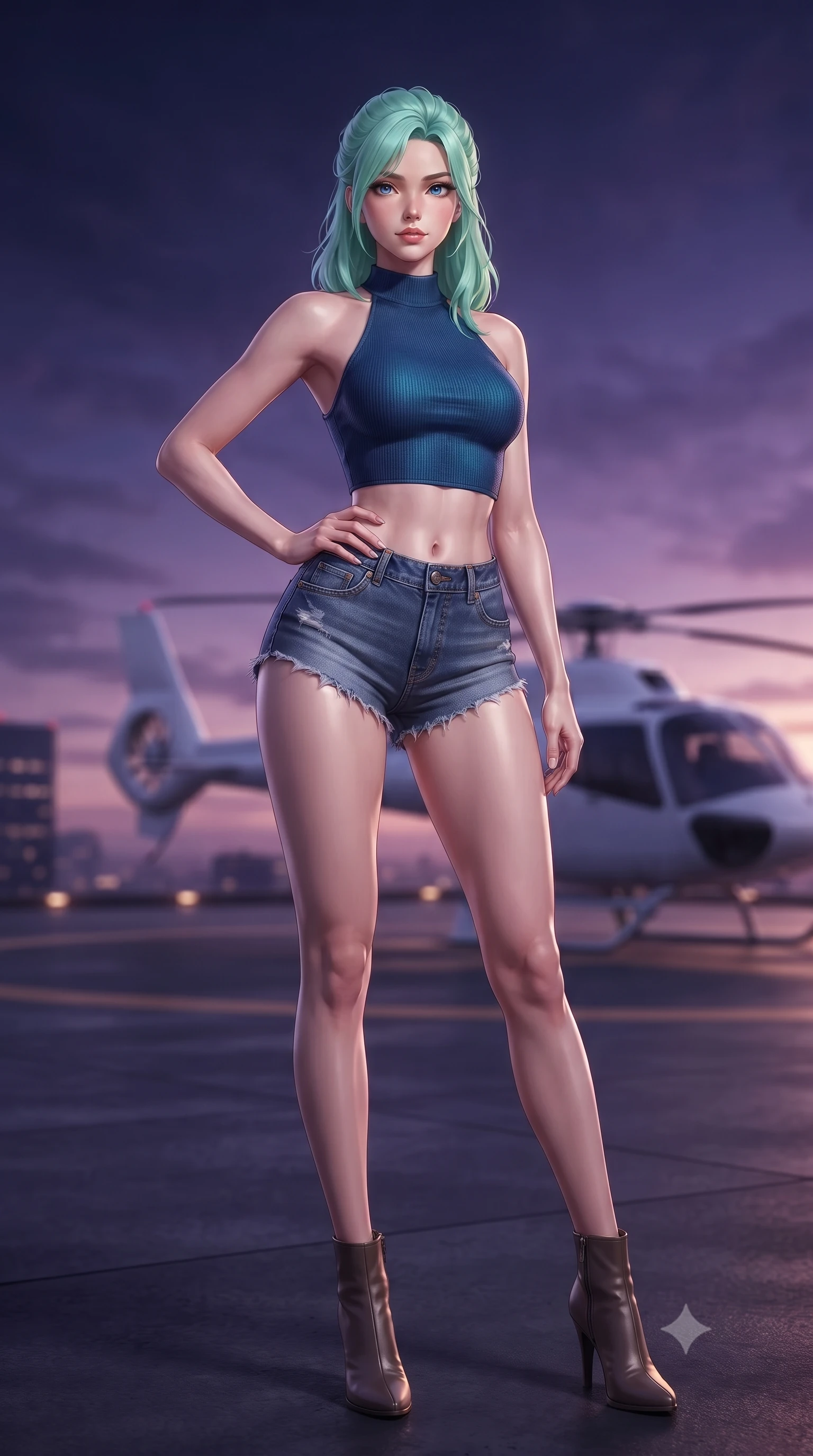 score_9, masterpiece, best quality, ultra-detailed, high-budget anime keyframe, editorial fashion photography, tasteful artistic composition, Japanese woman. low angle full-body shot from head to toe showing her feet, filling the entire 9:16 vertical frame with her statuesque presence, stretching her vertical silhouette. posing confidently with one hand on her hip, stretching her statuesque body to emphasize her curves the background shows a soft-focus a high-rise rooftop helipad with a sleek white helicopter during a dramatic dusk. She has an absolutely perfect, statuesque 8.5-heads proportion, an exceptionally tall and slender model-like female figure with impossibly long slender legs and an ultra-slim waist. sharp v-shaped jawline, high-bridge nose, intricate jewel-like eyes with depth, thick eyelashes, glossy lips with a natural sheen. wearing a slim-fit chic knit halter crop top paired with denim micro-shorts, showing her delicately sculpted midriff. the deep violet and orange twilight sky casting a majestic glow over the tarmac. ultra-reflective glossy finish, specular highlights, metallic sheen, high-contrast stereoscopic depth, volumetric dynamic lighting, 2k, ultra detail, master piece, 9:16 ratio