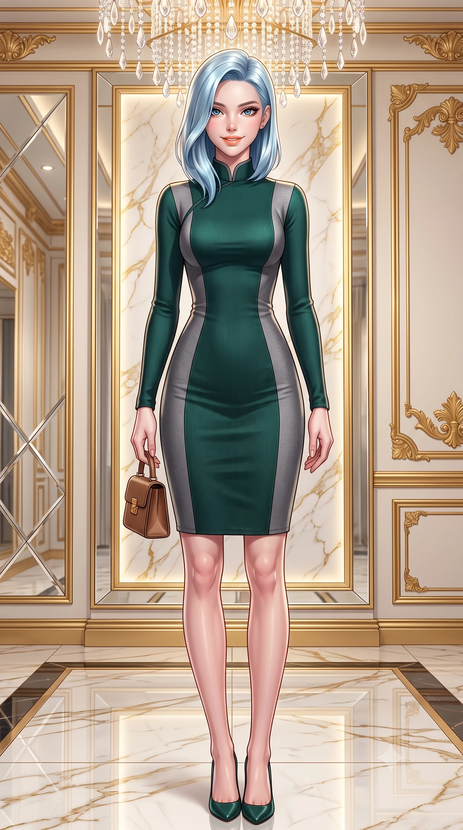 score_9, masterpiece, best quality, ultra-detailed, high-budget anime keyframe, semi-realistic 3D game render, editorial fashion photography, tasteful artistic composition, Korean woman. low angle full-body shot from head to toe showing her feet, filling the entire 9:16 vertical frame with her statuesque presence, stretching her vertical silhouette. sitting gracefully on the plush bench with legs crossed and angled toward the camera, highlighting her long slender limbs and hourglass waist while standing poised in the center of the palatial boutique salon beneath a cascading crystal chandelier, flashing a chic supermodel smile. The surrounding environment is rendered in vivid detail and crisp panoramic clarity: sharp beveled mirror frames, polished Calacatta gold marble floor veining, and gilded acanthus leaf moldings in deep focus. She has an exceptionally tall and slender model-like 8.5-heads proportion, an ultra-slim waist, a flat toned midriff, narrow delicate ribcage, and beautifully sculpted feminine hips creating a graceful, slim hourglass silhouette without any bulky heaviness, with impossibly long slender legs. sharp v-shaped jawline, high-bridge nose, intricate jewel-like sparkling eyes with depth, thick eyelashes, glossy parted lips with a natural peach sheen, bright cheerful beaming smile with an enchanting and coquettish sensual glint, exuding both youthful cute charm and seductive allure, flawlessly proportioned anatomical accuracy, strict slender model proportions, natural body alignment, perfectly sculpted long slender limbs, ultra-slim waistline, clean dynamic posture without body distortion. wearing a modern form-fitting silk-knit cheongsam-inspired dress with subtle standing collar and snug tailored waist darts in St. Moritz pine forest emerald and heather grey, woven from fine elastic rib-knit fabric tracing every millimeter of her slender torso, finished with a structured leather micro-bag held lightly at her hip, the glove-like clinging cut tightly following the natural contour of her hips and long slender legs with youthful 8.5-heads elegance. illuminated by polished marble floor bounce and pristine champagne rim lights defining her razor-sharp jawline and elegant tailored silhouette. highly saturated vibrant anime colors, detailed shading with soft gradients, rich glossy textures, high-contrast stereoscopic depth, volumetric dynamic lighting, master piece, 9:16 ratio