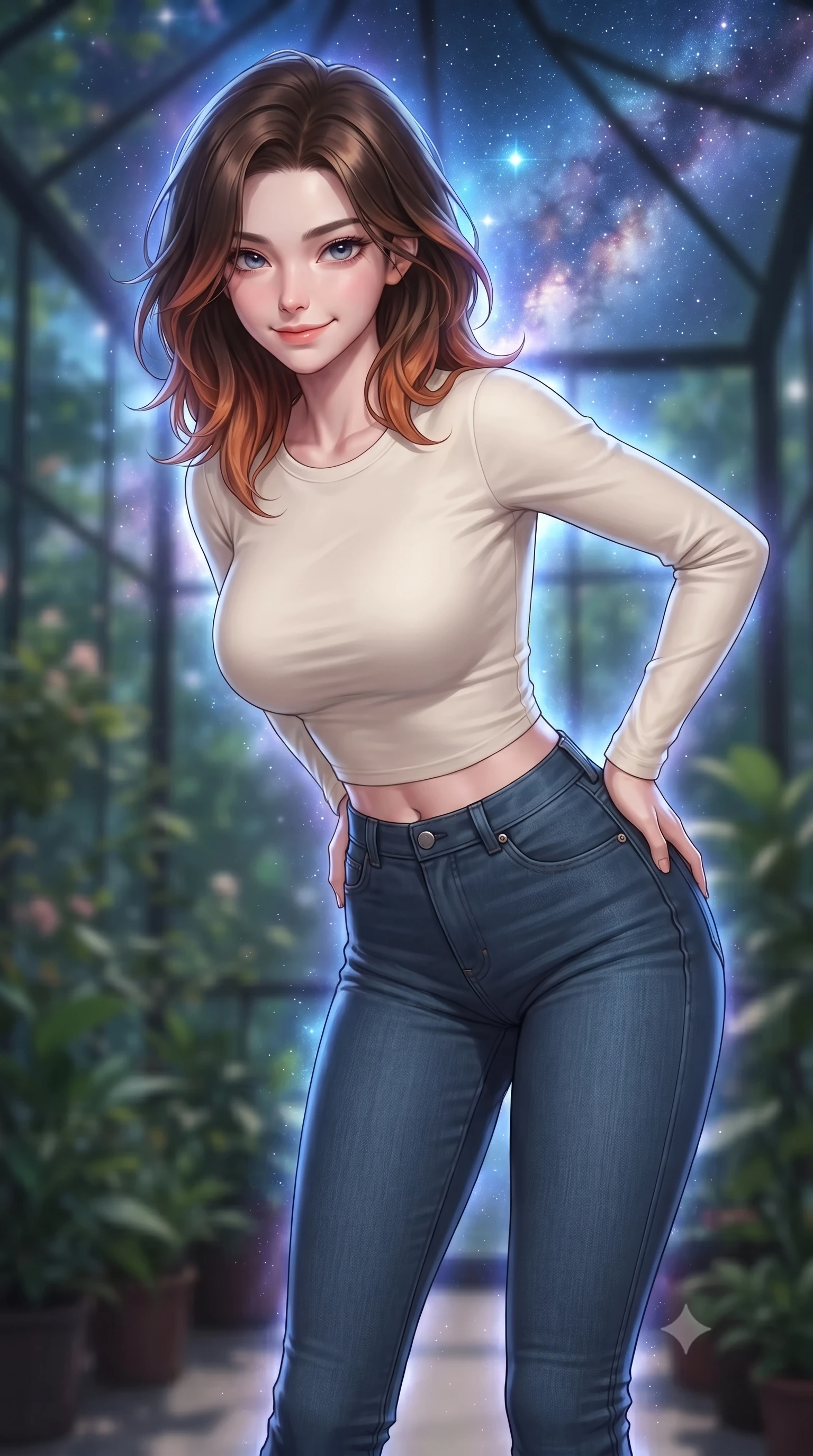 score_9, masterpiece, best quality, ultra-detailed, high-budget anime keyframe, editorial fashion photography, tasteful artistic composition, Korean woman. close-up cowboy shot from the waist and thighs up, the character dominates the composition, filling the frame with her large presence, background elements kept in soft focus. leaning slightly forward with a playful, teasing smile, her gaze locked onto the viewer the background shows a soft-focus an indoor botanical sanctuary with glass walls looking at a starry nebula sky. She has an exceptionally elegant, slender, and willowy female figure with an ultra-slim waist, a gracefully sculpted slender torso, and a refined silhouette. sharp v-shaped jawline, high-bridge nose, intricate jewel-like eyes with depth, thick eyelashes, glossy lips with a natural sheen. wearing a slim-fit body-hugging long-sleeve crop top in cream cotton paired with high-waisted skinny jeans. cool blue and violet nebula glow wrapping her silhouette in a celestial wash. ultra-reflective glossy finish, specular highlights, metallic sheen, high-contrast stereoscopic depth, volumetric dynamic lighting, 2k, ultra detail, master piece, 9:16 ratio